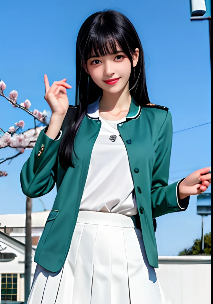 (Real:1.2), Top Quality, Super Hi-Res, 4K, Blue-eyed girl with long black hair in green jacket, she has black hair with bangs, girl in school uniform,instagram, very detailed, smiling, at school , cherry blossom