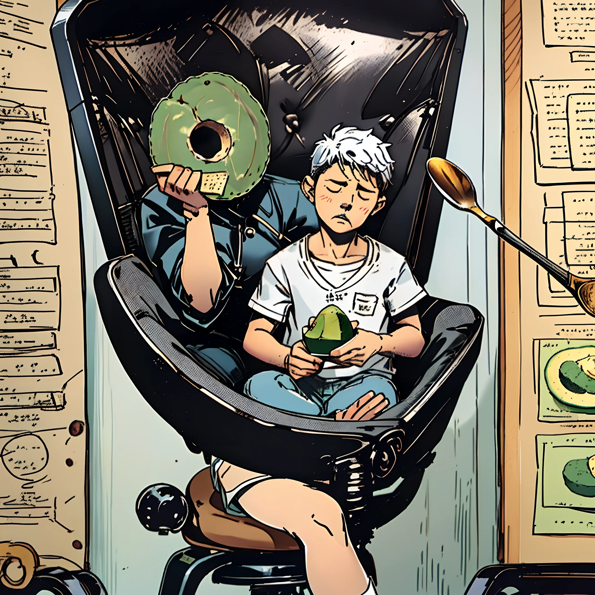 avocado sitting in a therapist's chair, saying 'I just feel so empty inside' with a pit-sized hole in its center. The therapist, a spoon, scribbles notes.