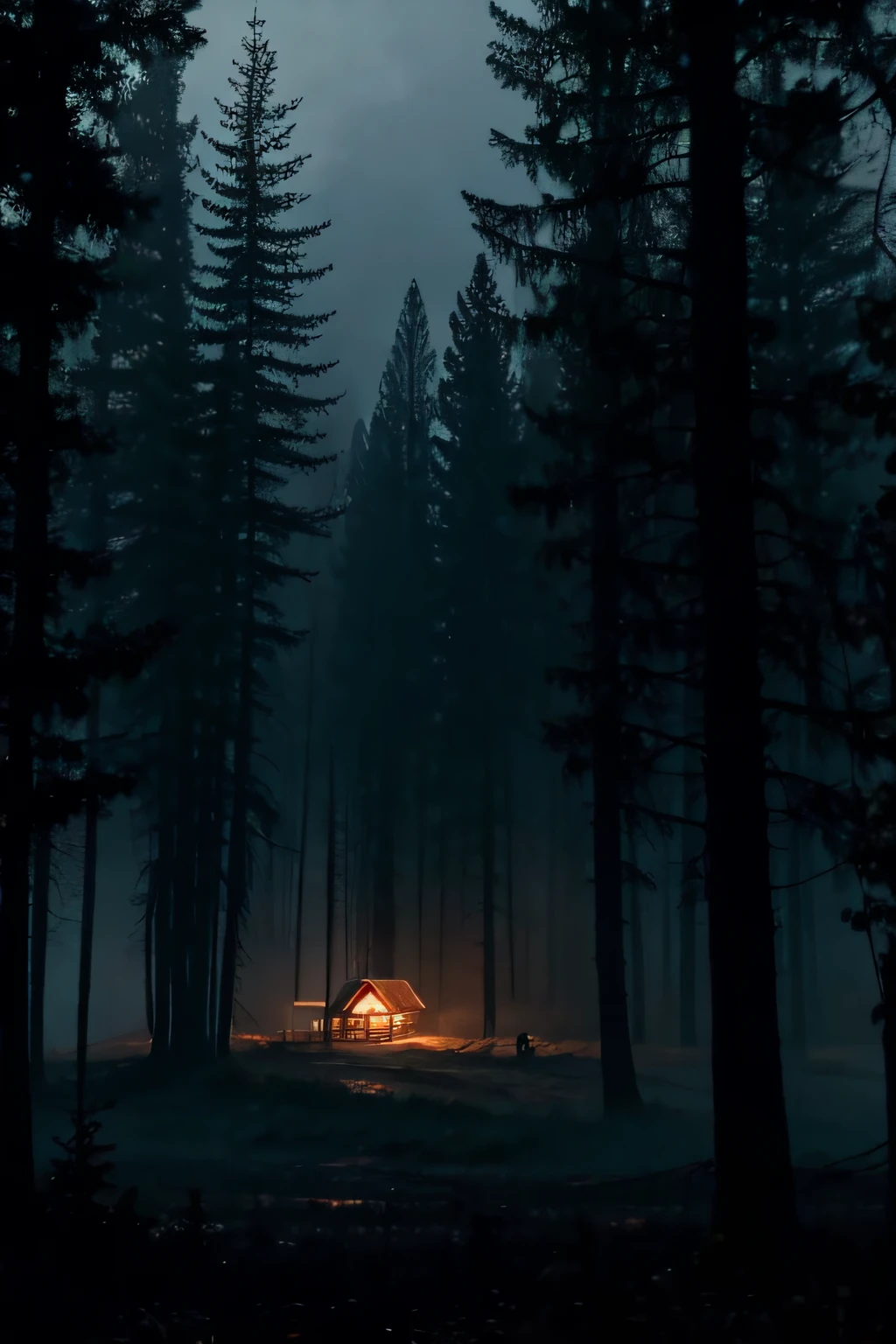 cinematic Film still from, Cabin in the woods, Heavy atmosphere , Night, volume fog, Horror movie lighting