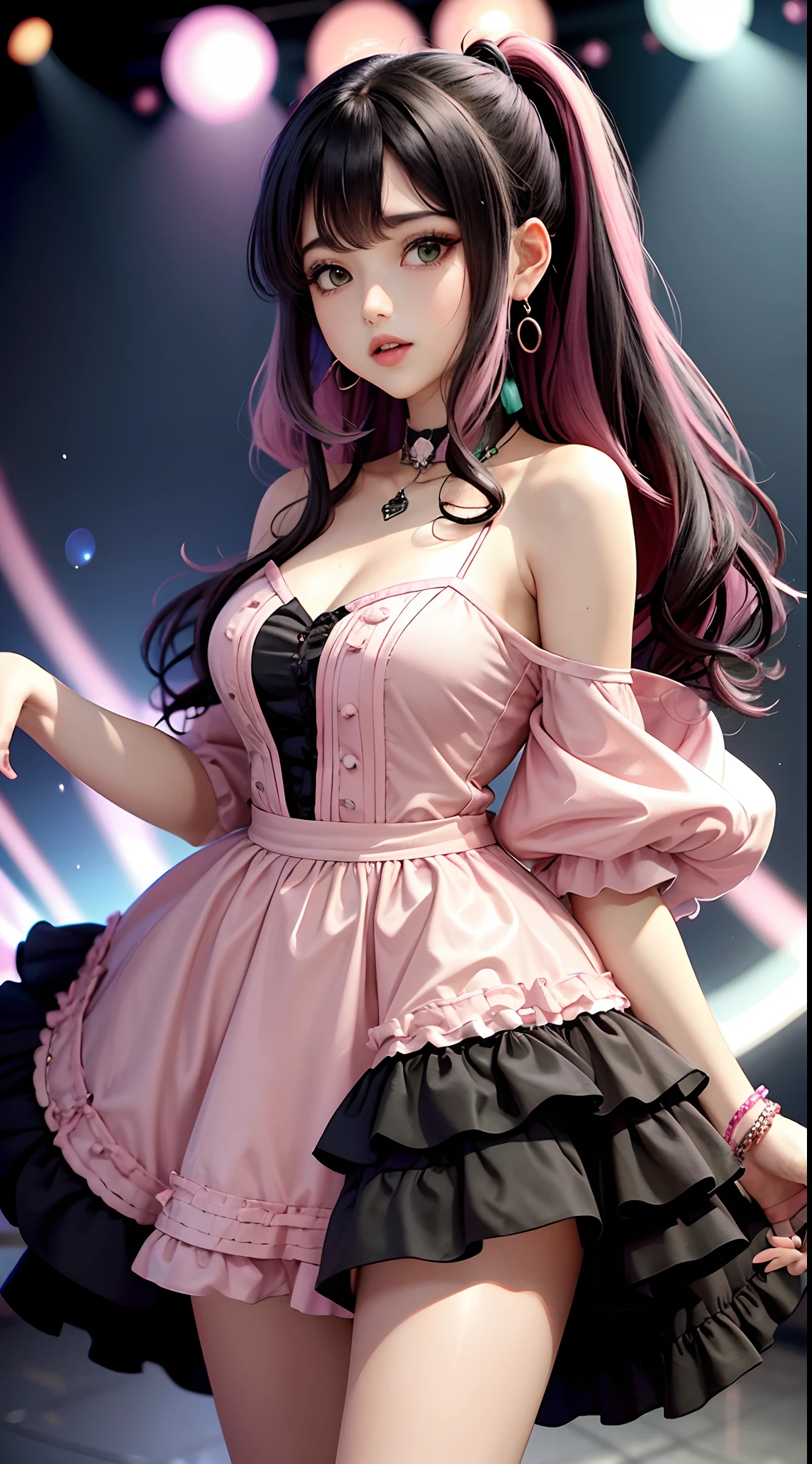 Girl, medium hair, half up half down, black hair, pink and green highlights in hair, large chest, cute, idol dress, idol, cute, stage background,