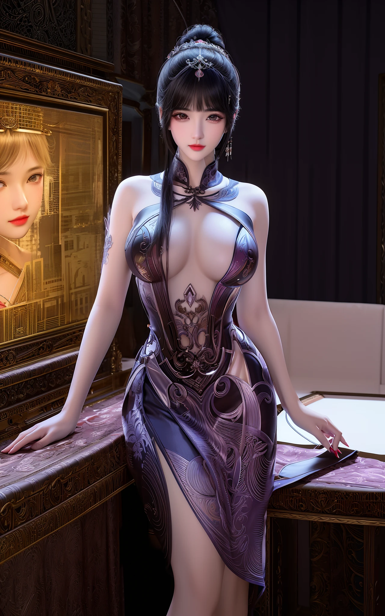 An ultra-detailed, high-resolution masterpiece:1.2 artwork with a realistic:1.37 portrait of a girl in a slender figure wearing a qipao. The girl should have beautiful, detailed eyes, beautiful, detailed lips, and long eyelashes. The art style should be computer-generated:1.1 with a focus on ultra-fine painting and sharp focus. The colors should be vivid and vibrant, enhancing the overall aesthetic of the image. The lighting should be carefully designed, with studio lighting to highlight the girl's features. The girl's posture should be confident and elegant, with a slightly revealing cleavage and a bare midriff, adding a touch of sensuality.