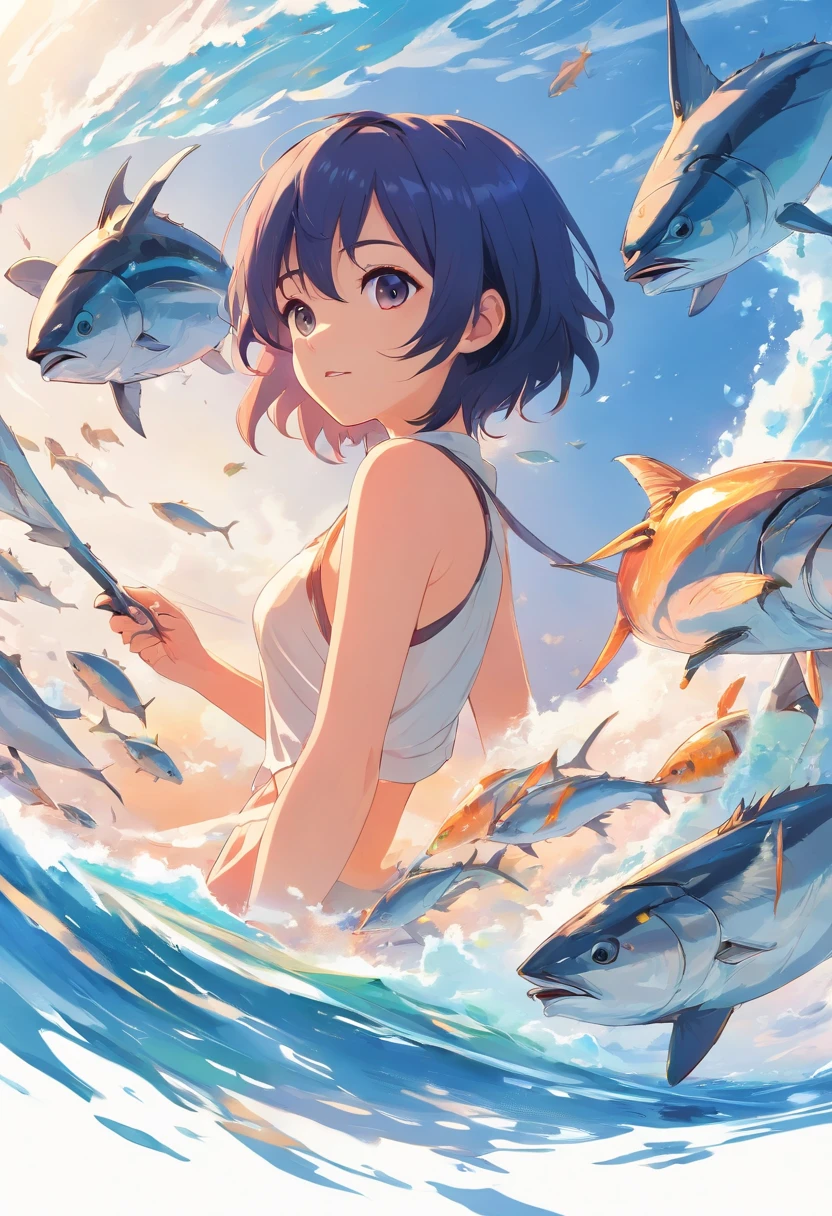 Blue Bikini,Blue shorts with belt,Blue wristband,Blue sneakers,Fishing rod in right hand,Orange sunshade,Brown's shortcuts,2 Ahoge,Active age woman,Sitting on rocky ground,the beach,You can see the island in the distance,