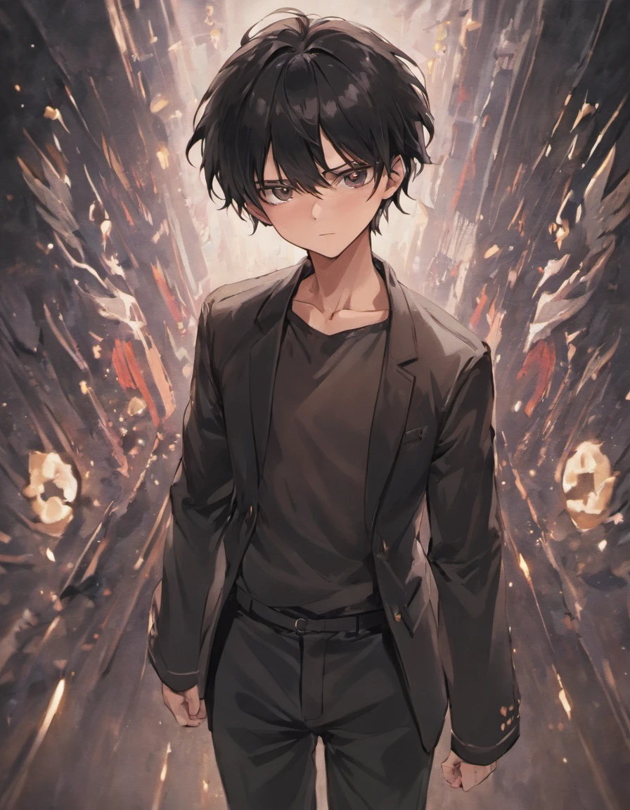 Black hair, black eyes, black pants, black tunics, black air around the male