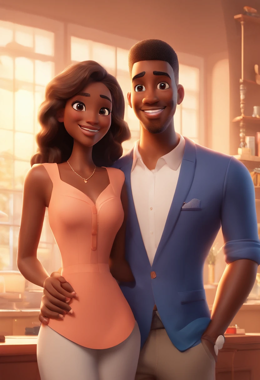 An illustration of an adorable couple, highlighting a white man and a black woman with beautiful expressive eyes - the man's skin is white and the man's hair is straight and black, while the woman's skin is black and the woman's hair is straight and brown. They are a bright room, cada um com um sorriso no rosto, e compartilhar um momento especial caracterizado pelo amor, Insights. Illustrate this scene from a perspective where they are facing the camera, Smiling and Showing Your Connection. Desenvolva esta arte em Full HD, Focus on your cinematic touch, Estilo Disney Pixar Animations