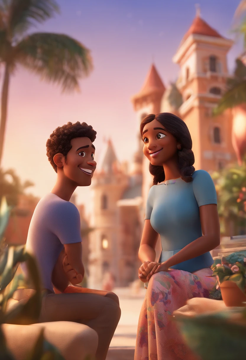 An illustration of an adorable couple, highlighting a white man and a black woman with beautiful expressive eyes - the man's skin is white and the man's hair is straight and black, while the woman's skin is black and the woman's hair is straight and brown. They are a bright room, cada um com um sorriso no rosto, e compartilhar um momento especial caracterizado pelo amor, Insights. Illustrate this scene from a perspective where they are facing the camera, Smiling and Showing Your Connection. Desenvolva esta arte em Full HD, Focus on your cinematic touch, Estilo Disney Pixar Animations