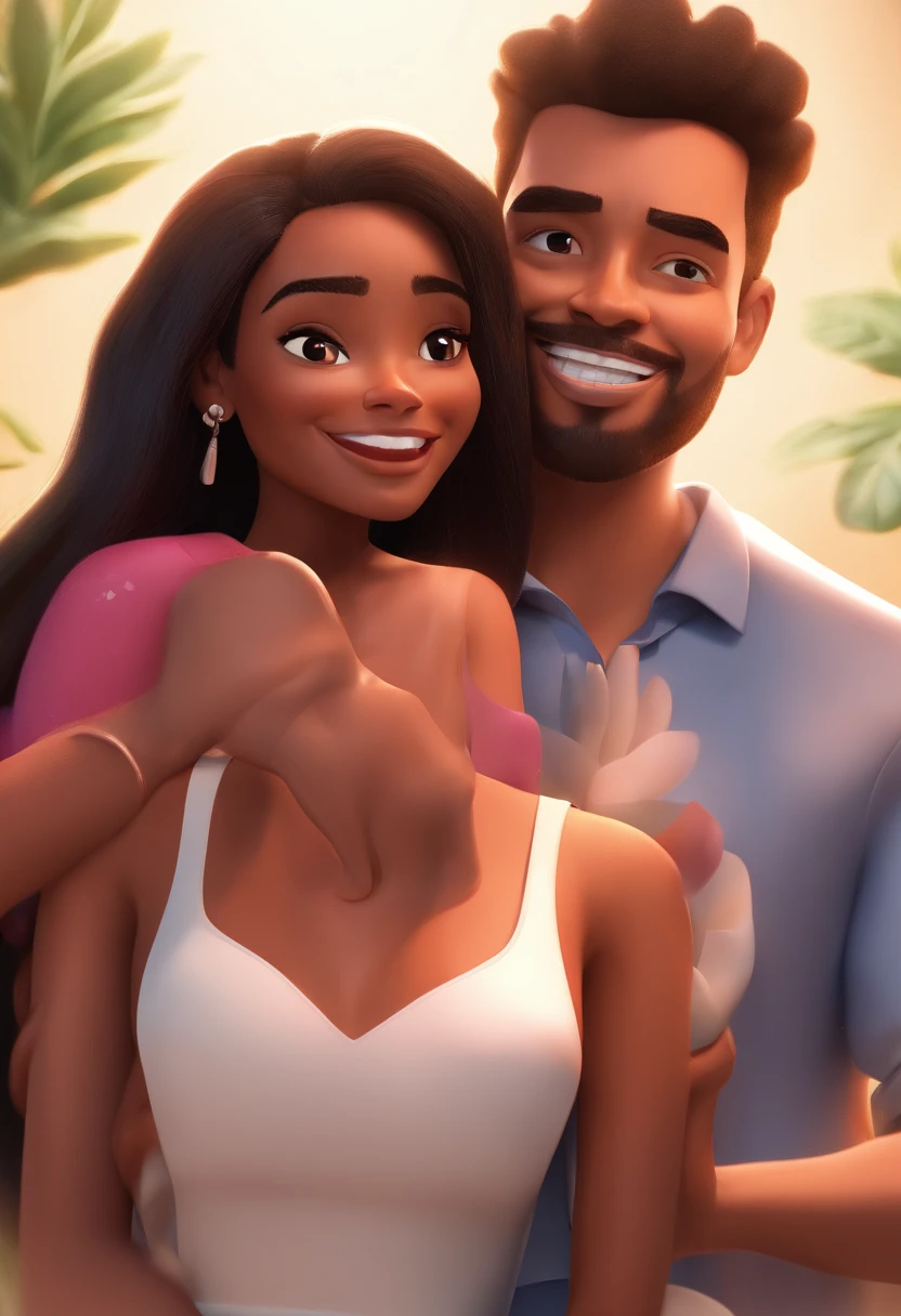 An illustration of an adorable couple, highlighting a white man and a black woman with beautiful expressive eyes - the man's skin is white and the man's hair is straight and black, while the woman's skin is black and the woman's hair is straight and brown. They are a bright room, cada um com um sorriso no rosto, e compartilhar um momento especial caracterizado pelo amor, Insights. Illustrate this scene from a perspective where they are facing the camera, Smiling and Showing Your Connection. Desenvolva esta arte em Full HD, Focus on your cinematic touch, Estilo Disney Pixar Animations