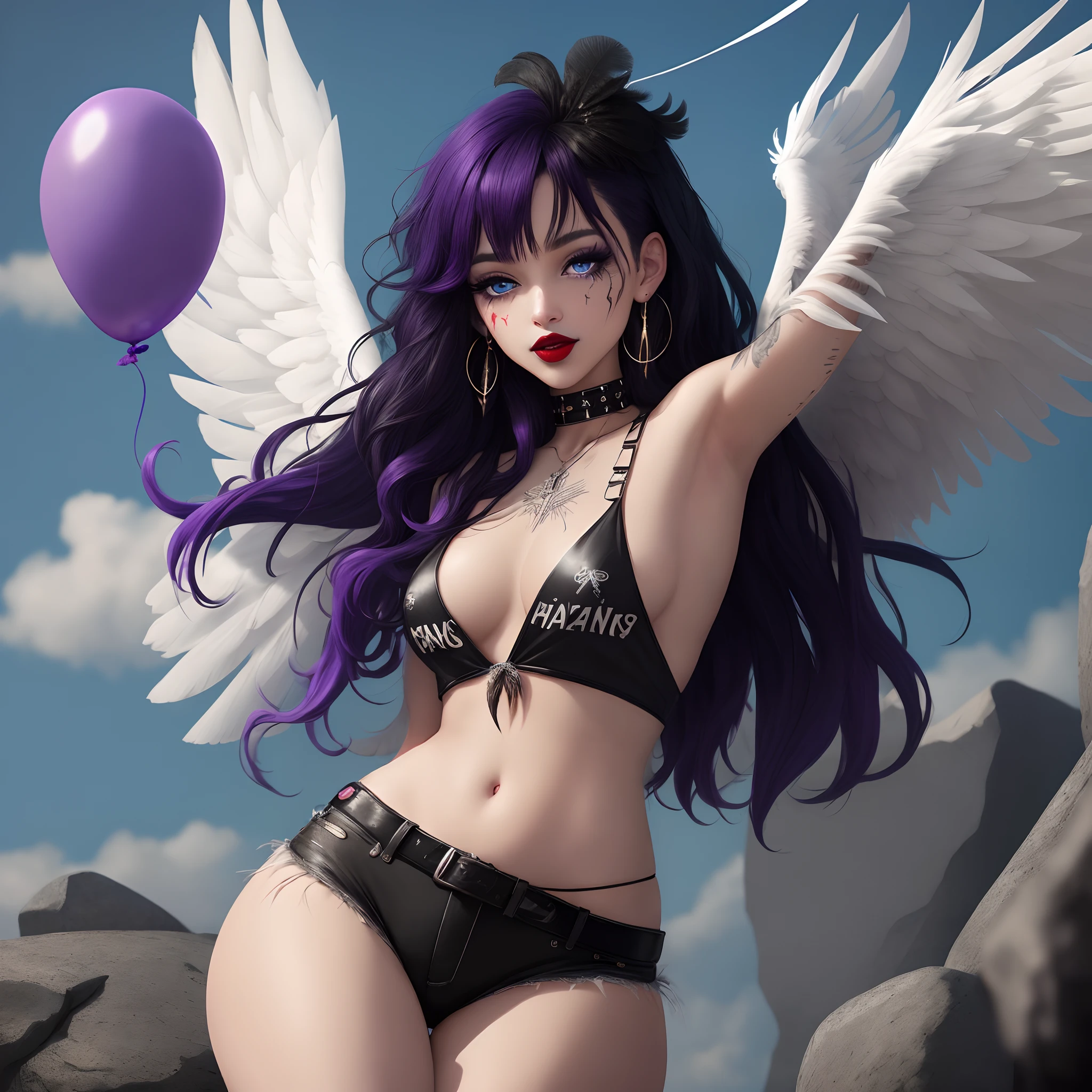 a black human, with long black hair with purple bangs, red lipstick, white stains on her arms and a feather mark on her hand, dressed in rock and punk style, penta earrings, in the background an image of an angelic balloon with wings falling feathers, blue eyes,
