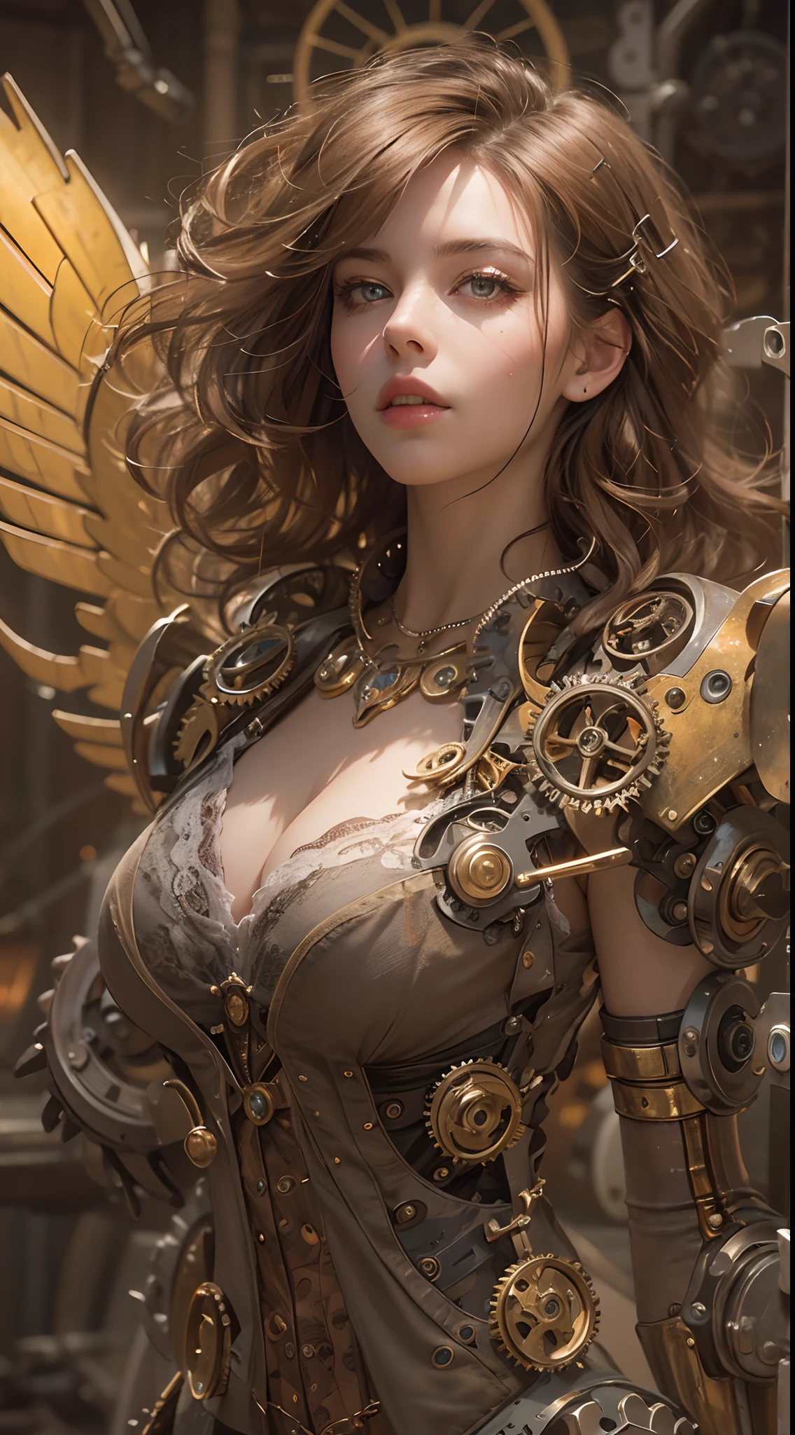 (Best quality,4K,A high resolution,Masterpiece:1.2),Ultra-detailed,(Realistic:1.37) Girl with mechanical parts,steampunk wind,Delicate clockwork details,Brass gears and gears,Beautiful and intricate design,(Mechanical wings),Glowing eyes and glowing tattoos,Colorful metal corsets and skirts,Elegant and elegant gesture,Industrial background with smoky atmosphere,Soft warm lighting,Vintage color palette,The human body and mechanical elements are perfectly integrated