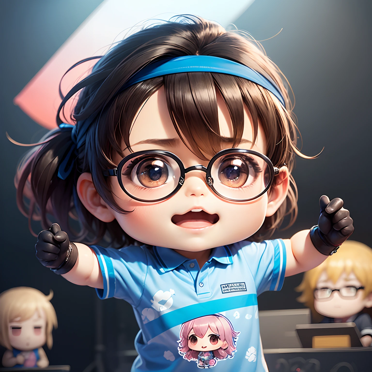 masterpiece、top-quality、ultra-detailliert、(Chibi Character Man:1.2)、Enthusiastic fan club、(bandana on head:1.1)、Shake the penlight、polo shirts、JINS、Round glasses、stage、3. nerdy、banner、