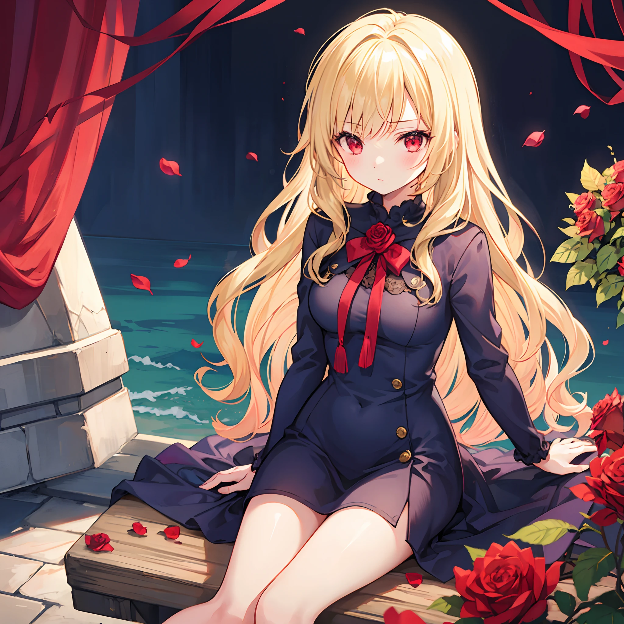 Girl with wavy blonde hair and red eyes、Sitting surrounded by roses、Navy Blue Sexy Clothes