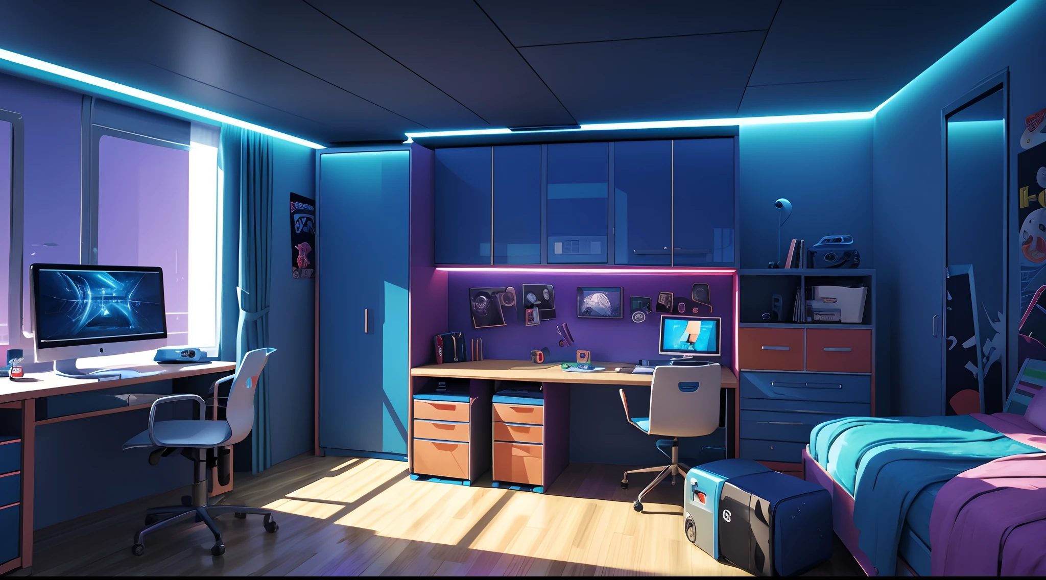 illustration of cartoon futuristic style  boy room with desk and computer in the middle with multicolor lighting high resolution best quality just room