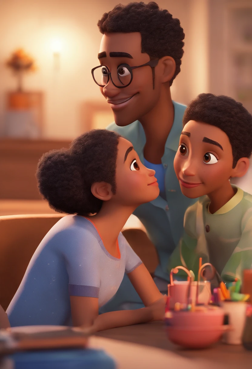 An illustration of an adorable couple, Highlighting a Caucasian man and a black woman with beautiful expressive eyes – the man's skin is white and the man's hair is straight and black, while the woman's skin is black and the woman's hair is straight and brown. They are a bright room, cada um com um sorriso no rosto, e compartilhar um momento especial caracterizado pelo amor, Insights. Illustrate this scene from a perspective where they are facing the camera, Smiling and Showing Your Connection. Desenvolva esta arte em Full HD, Focus on your cinematic touch, Estilo Disney Pixar Animations