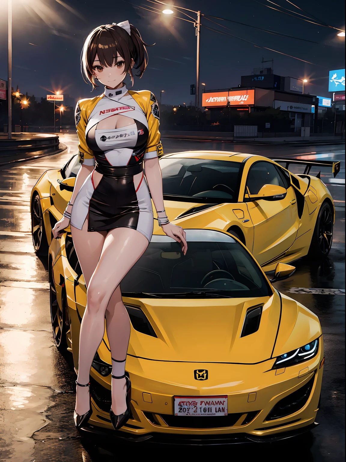 16K, HDR, ray tracing, RTX, ultra realistic, highres, wide angle shot, best quality, masterpiece, full body image, (perfect anatomy ), brown ponytail with bangs, happy chuckle, brown eyes, sexy body, looking at the camera, night time, anime style, trending on artstation, WLOP, sakimichan, award wining, great composition, perfect, great lighting, sitting on 90s honda nsx hood, car girl, racing girl, 1car