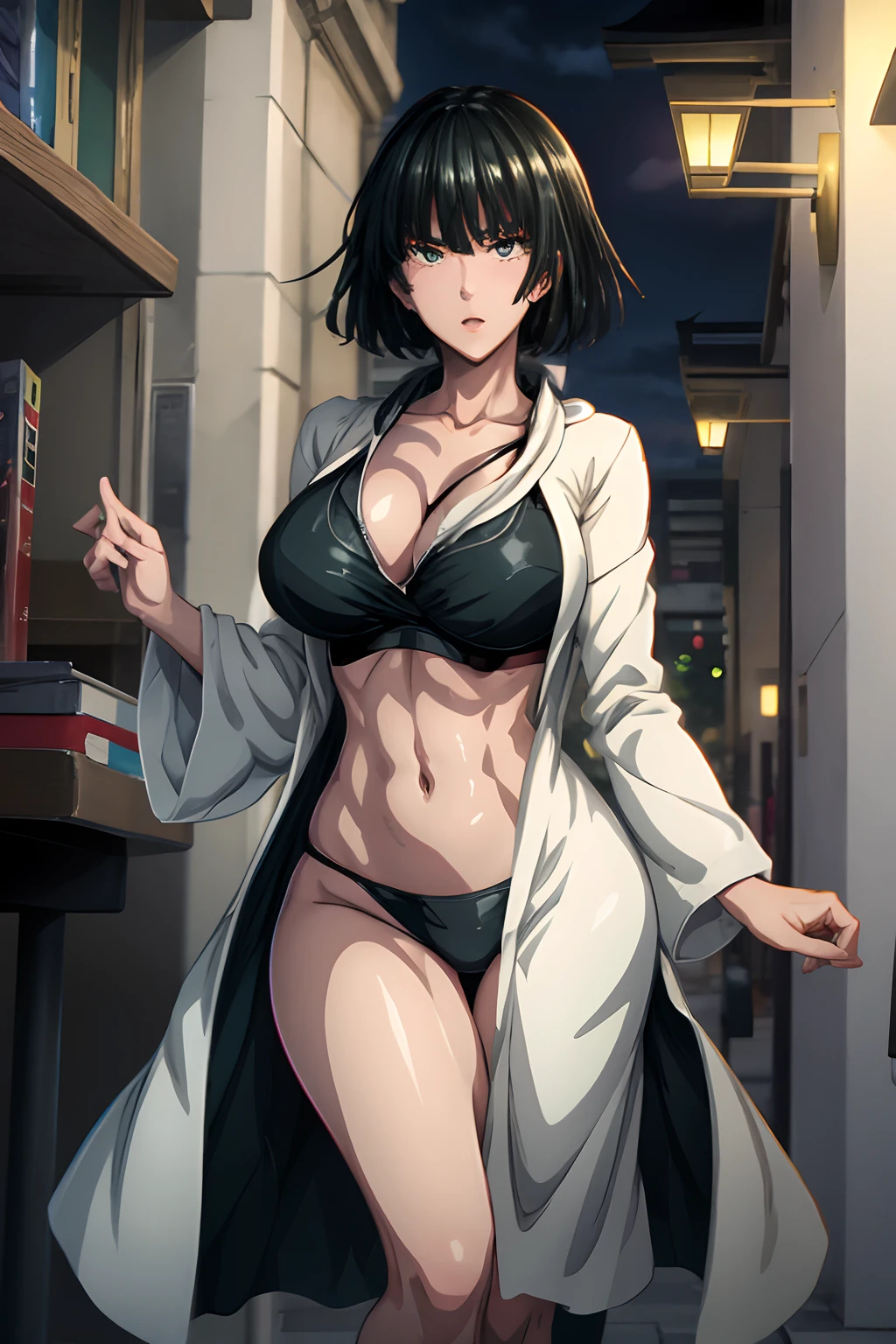 Fubuki in bra bath robe,medium boobs, curvy figure, curvy body, night City background