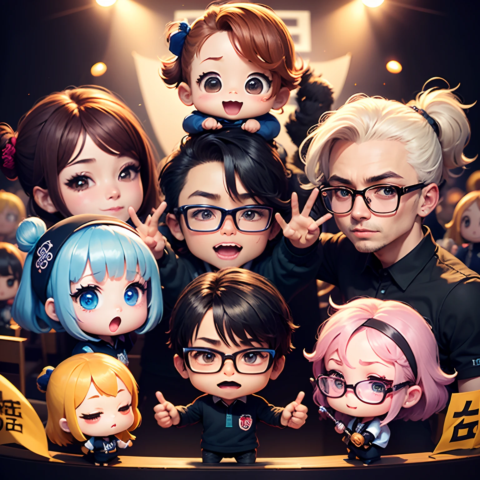 masterpiece、top-quality、ultra-detailliert、(Chibi Character Man:1.2)、Enthusiastic fan club、(bandana on head:1.1)、Shake the penlight、polo shirts、JINS、Round glasses、stage、3. nerdy、banners、