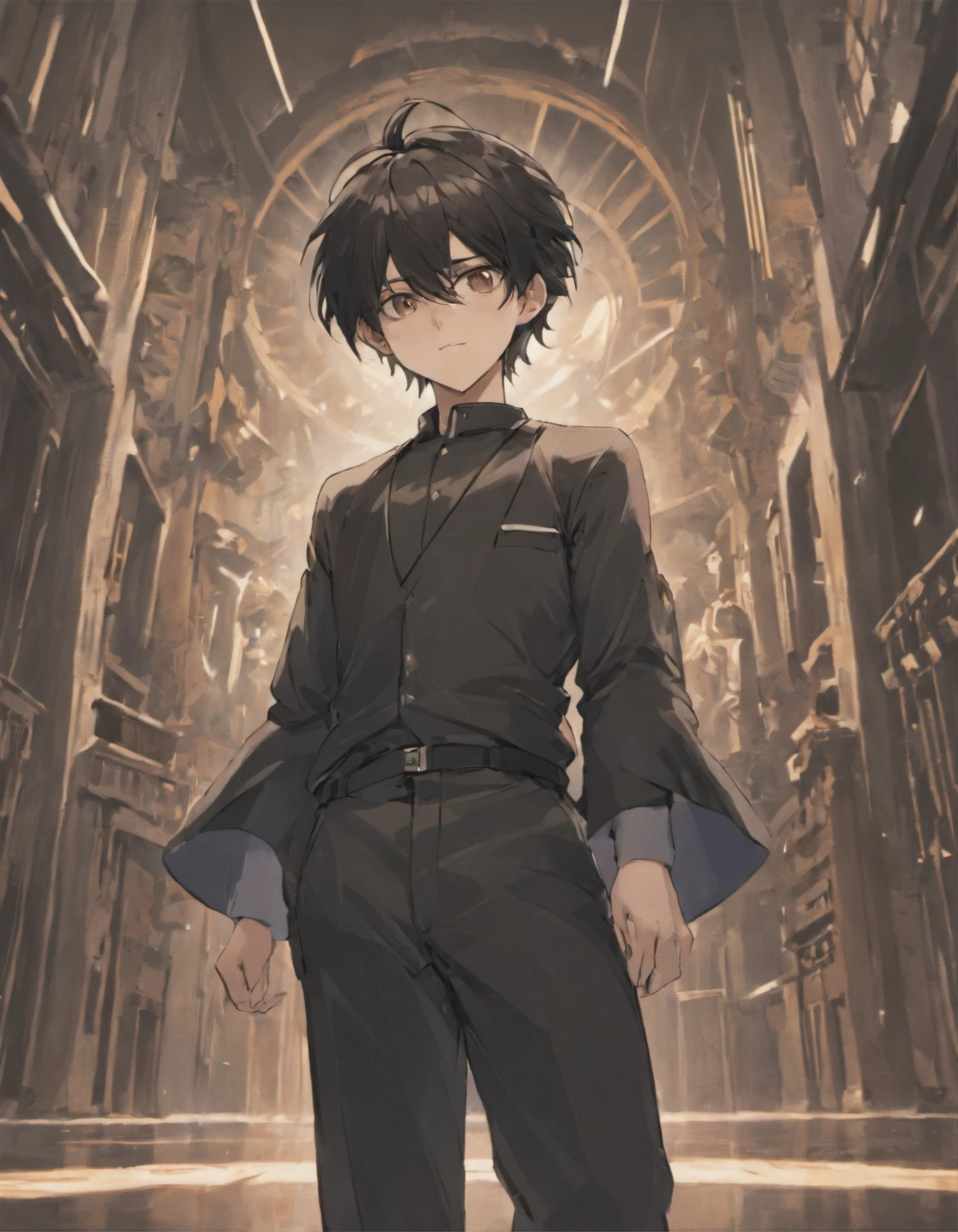 Black hair, black eyes, black pants, black tunics, black air around the male