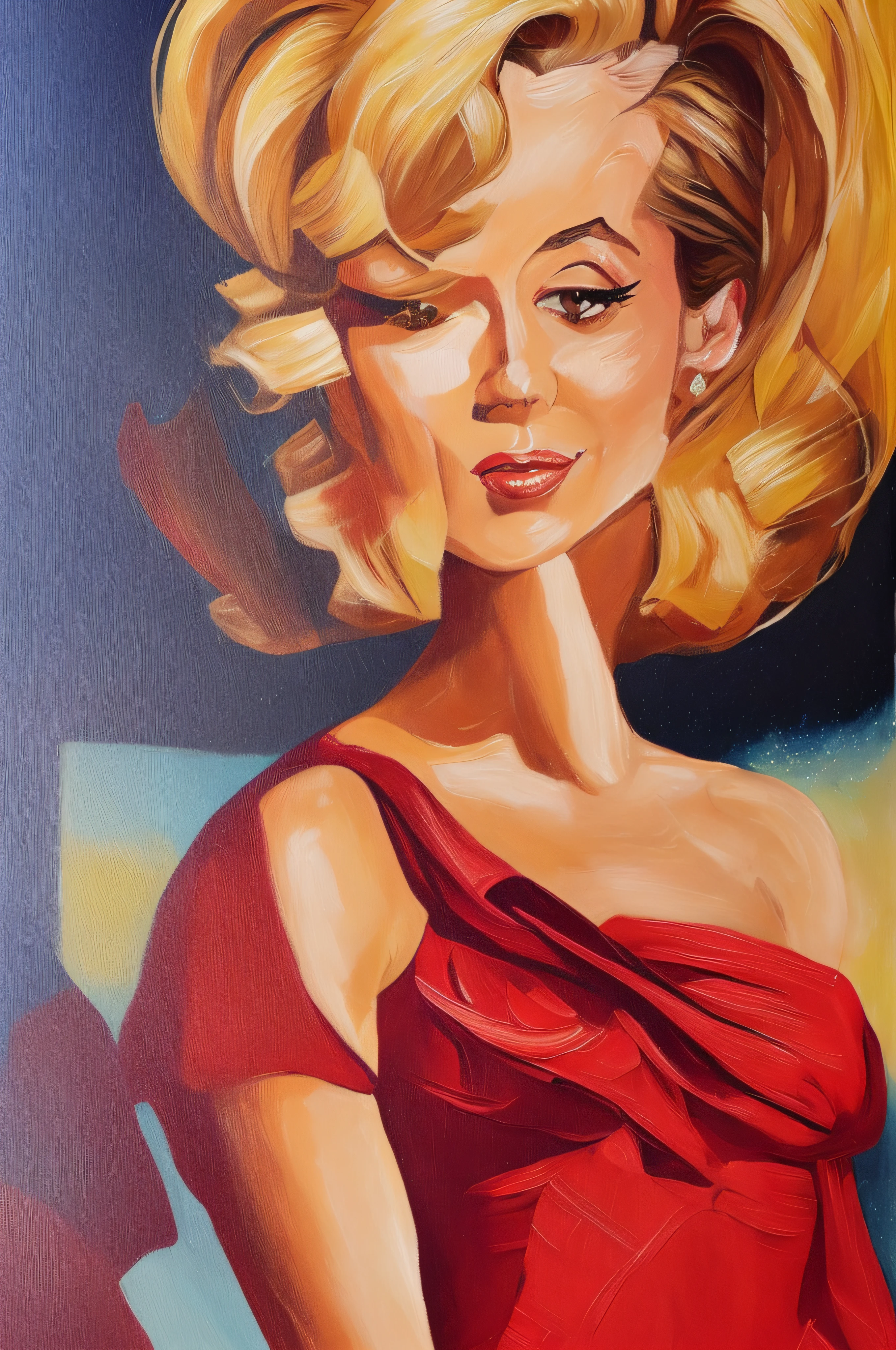 Female close-up portrait, beautiful  woman similar to Marilyn Monroe, long champagne color hair, smiling eyes, looking at camera, smiling mouth, low cut red dress, acrylic painting, bold and expressive brushwork, impressionistic style, detailed face, epic surreal background, very heavy brushstrokes with thick textured paint, expert lighting and shadows, high contrast, fine art painting,