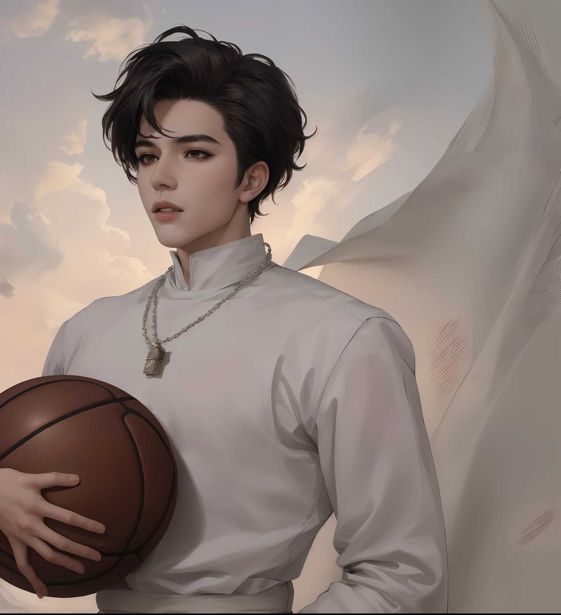 Masterpiece: 1.2, Best Quality), Realism, (Real Pictures, Intricate Details, Depth of Field), (Boy, Solo), Makeup, Lip Parting, High Detail, Perfect Face, (Gray Medium Distribution Type: 1.4), (Skindentation), Black Eyes, (Boy Playing Basketball, White Bib Pants), Silver Necklace, Black Clothes