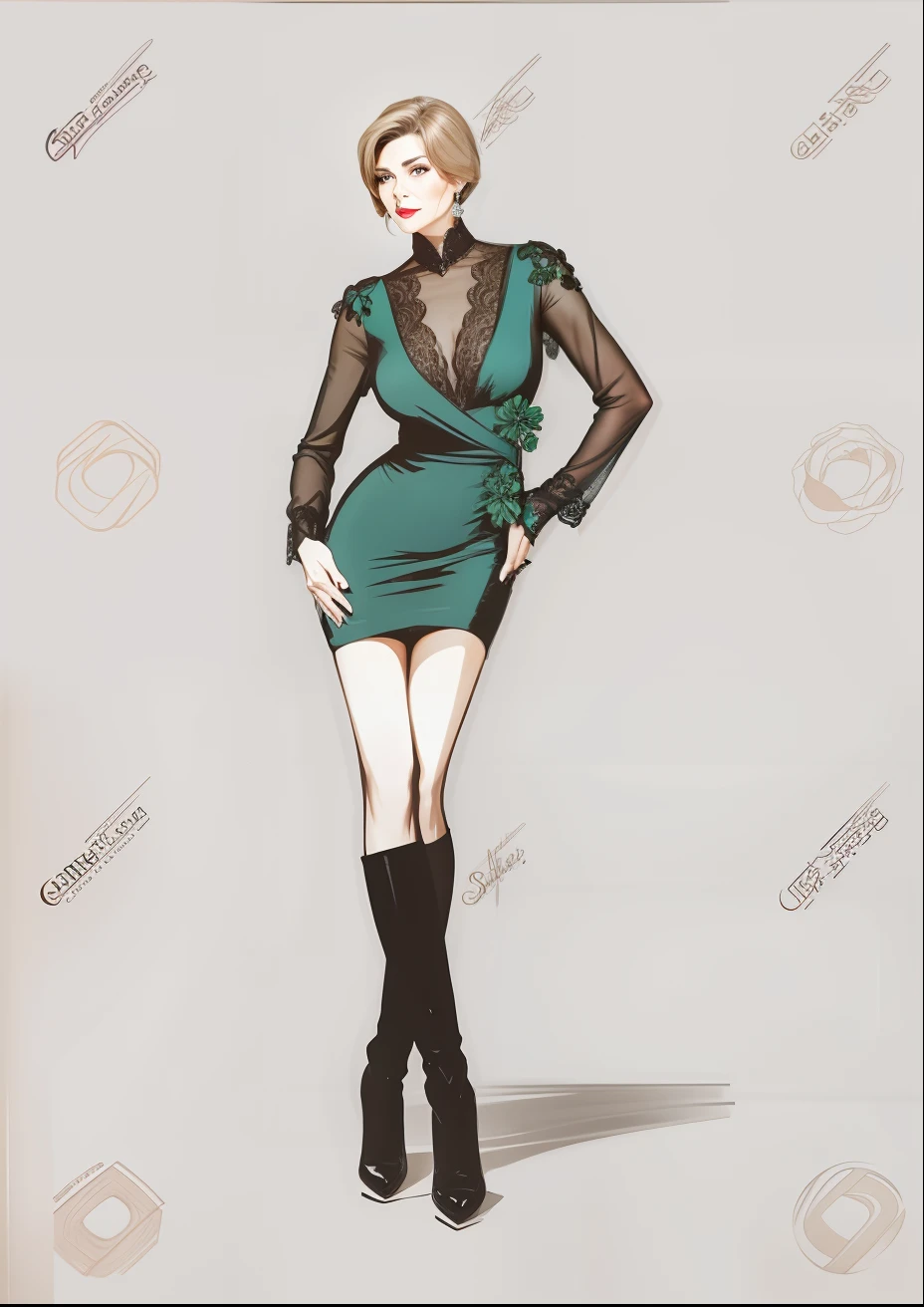 2 heads,Portrait of a 60-year-old woman with short brown hair, a captivating gaze, Brown eyes, Wrinkles on her face, She wears a very sexy black evening dress that reveals big flabby breasts, Light makeup and red lips. 32K