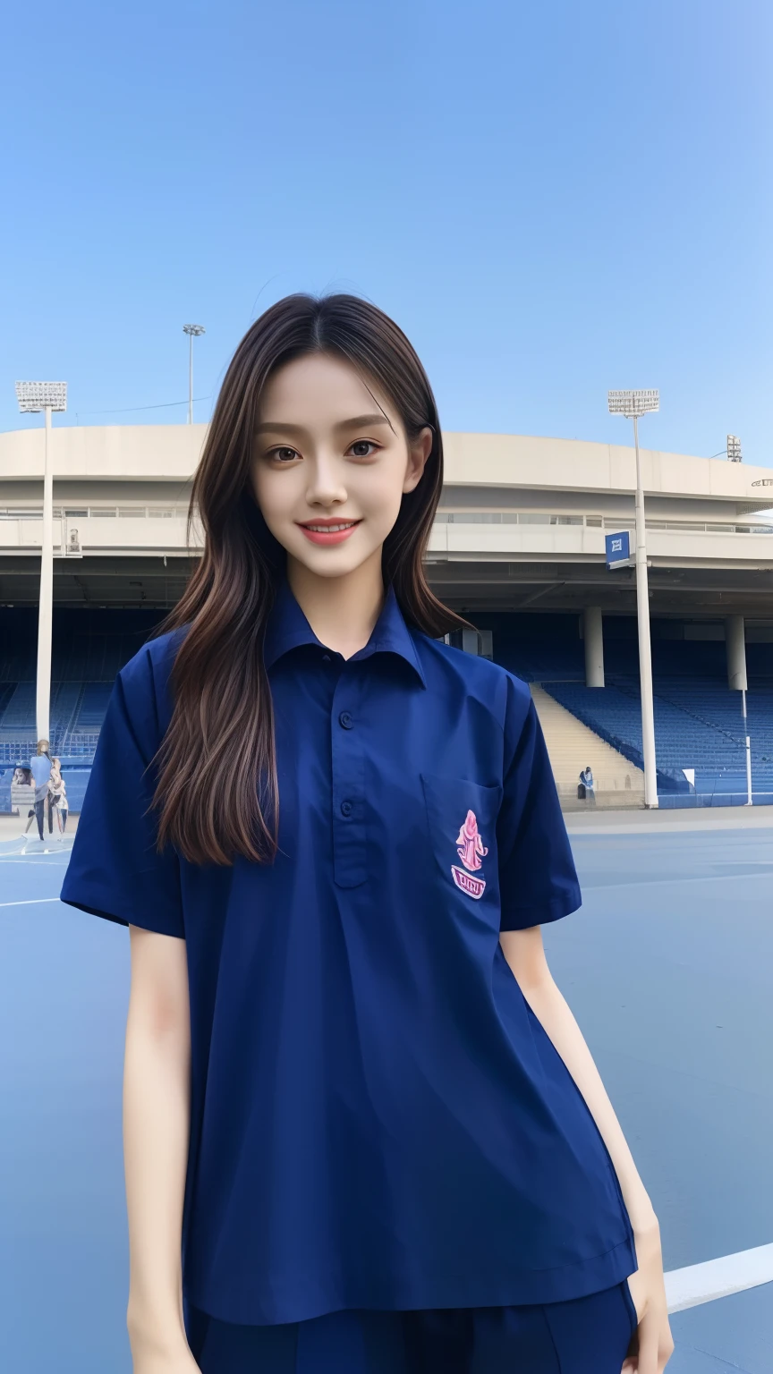 (bestquality,10,10,highres,masterpiece:1.2),ultra-detail,(Realistic,photorealistic portrait,photo-realistic:1.37),1 Cute girl in the football field,oily shiny skin,bara,light smile,BDclothes,((blue shirt:1.3)),short sleeves,shirt, trousers.,(navy_long_Pants Track:1.1), ((Stadium Background:1.3)),dynamic angle,excited,face focus,Dynamic Poses,from behide,Ass Focus,masterpiece, bestquality, ultra realistic, hyper-detail, 8k resolution, RAW photo, crisp focus, ((Navy blue shirt:1.1)), short sleeves, Long Path, Perfect body, 2 mature women, 18yo, cinematic light,Blue sweatpants,Gymware,Correct anatomy,Complete body, Correct body, sharp face, Anatomically correct body, full entire body, Realistic gestures, long-haired, Realistic poses,Wear long shorts............,Long leg span,Shapely,Sculpting Girl, Slender Figure, mannequin mannequins, Shapely, Beautiful body,Blue sweatpants