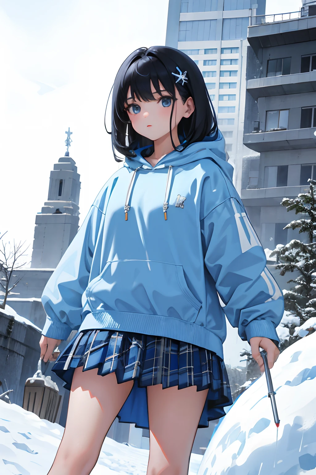 ，（​masterpiece，Highest Quality），Light Blue Hoodie，plaid skirts，A dark-haired，snow woman，snow field
