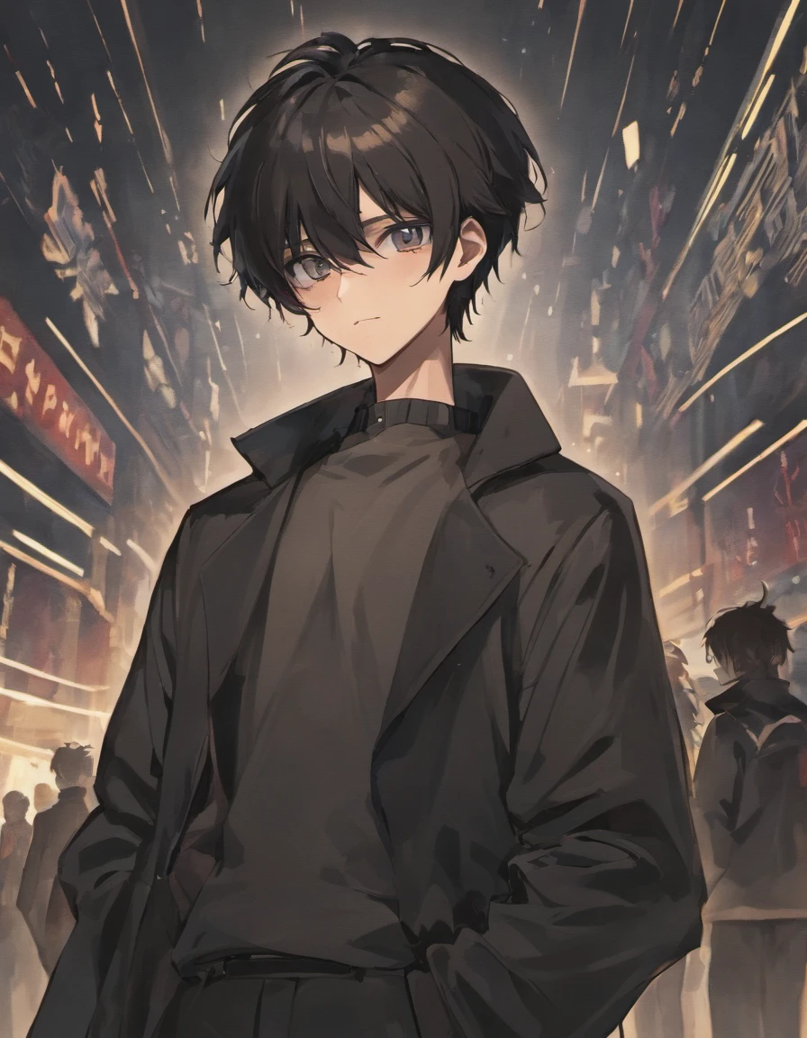Black hair, black eyes, black pants, black coat, black air, black air around him, male high school student, indifferent