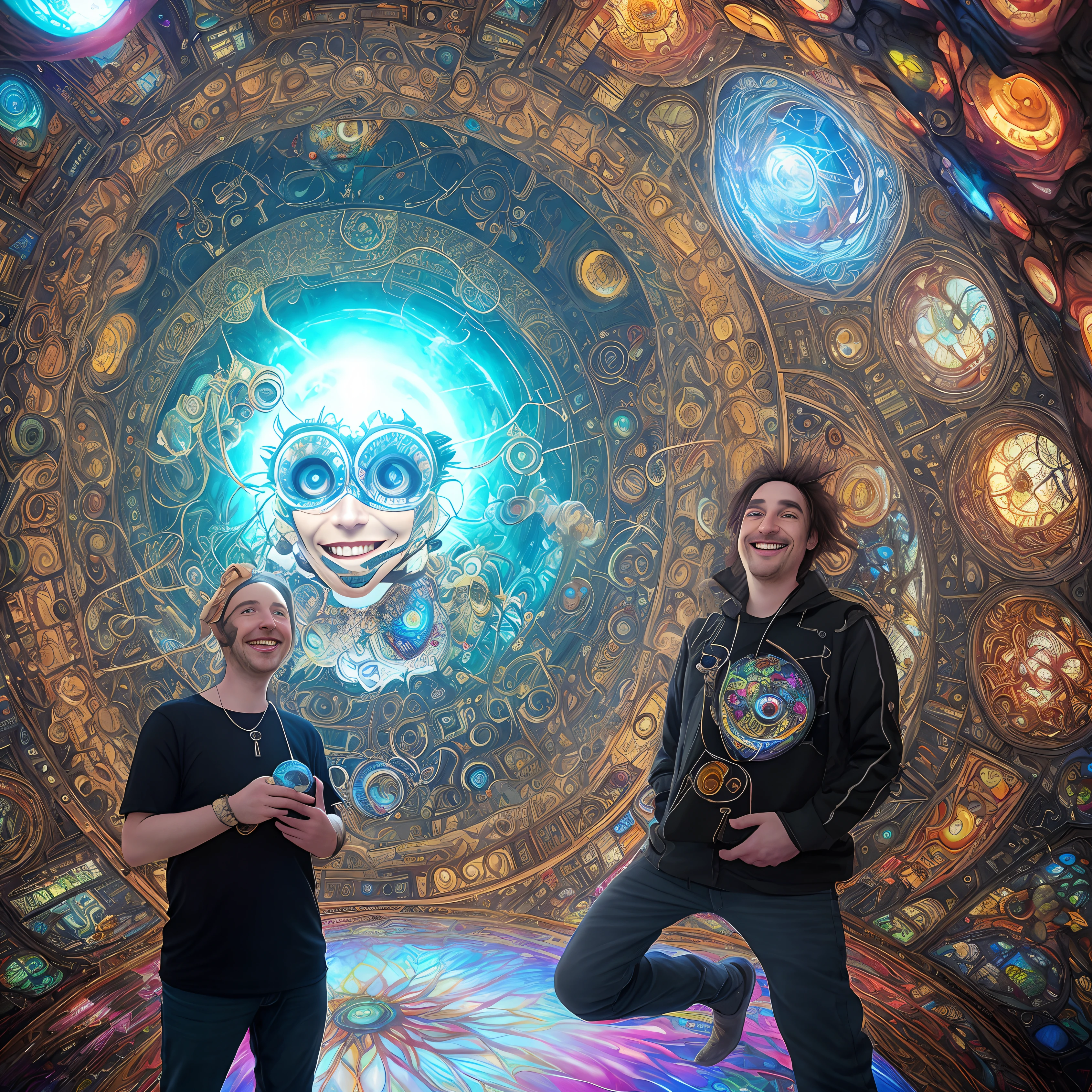 A visionary art piece of simon posford from shpongle holding the six eyed shpongle mask by his hip with the mask smiling at the viewer of the picture. Android jones is puppeteering visual art above his head in a dome like structure.