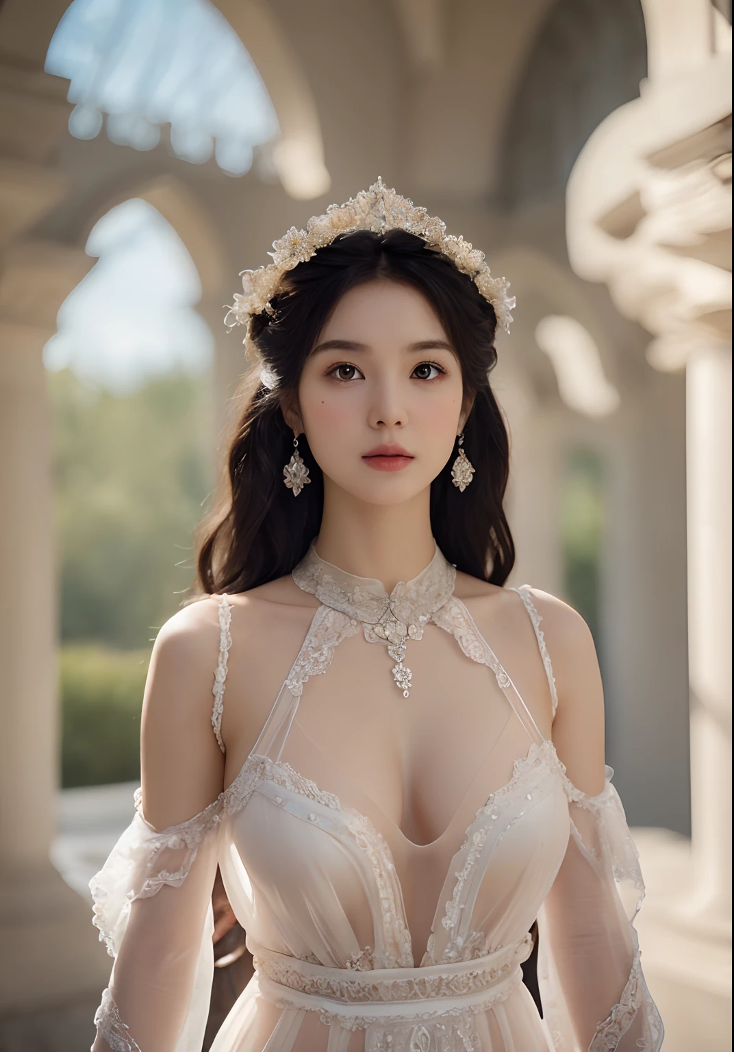 1girl, (beauty breast), (upper body), ((very transparent) dress), (erotic_pose), indoor bedroom castle (blur background), (masterpiece), kim Yoo-jung, (aphrodite goddess), pretty young face (Russian) (Asian), adept art, very best quality detailed face:1.5, (8k HD graphic, (soft and chill light), best quality detailed ultra highres:1.2 dynamic lighting, artstation, winner photography, volumemetricslighting),