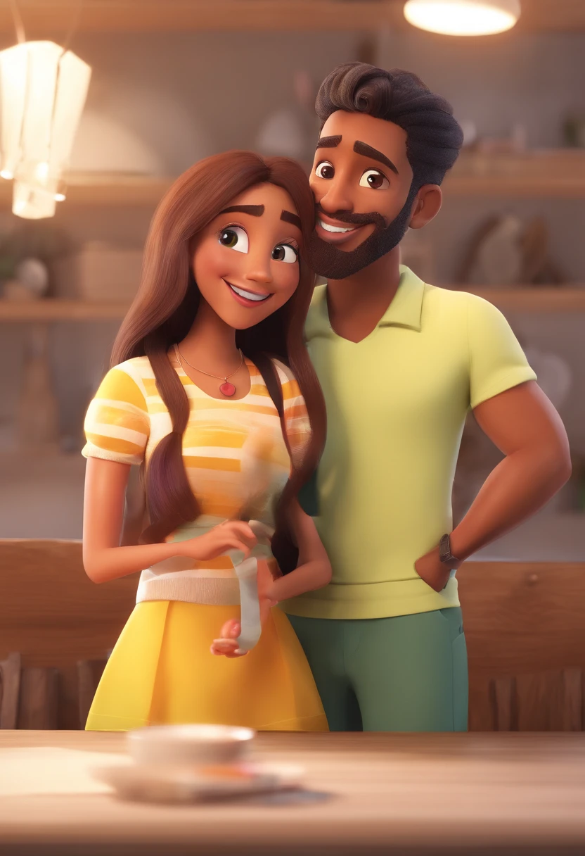 An illustration of an adorable couple, Destacando um homem branco e uma mulher negra cabelo liso, with beautiful expressive eyes – the man's skin is white and the man's hair is straight and black, while the woman's skin is black and the woman's hair is straight and brown. They are a bright room, cada um com um sorriso no rosto, e compartilhar um momento especial caracterizado pelo amor, Insights. Illustrate this scene from a perspective where they are facing the camera, Smiling and Showing Your Connection. Desenvolva esta arte em Full HD, Focus on your cinematic touch, Estilo Disney Pixar Animations