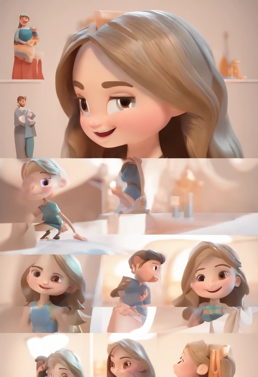 An illustration of an adorable couple, Destacando um homem branco e uma mulher negra cabelo liso, with beautiful expressive eyes – the man's skin is white and the man's hair is straight and black, while the woman's skin is black and the woman's hair is straight and brown. They are a bright room, cada um com um sorriso no rosto, e compartilhar um momento especial caracterizado pelo amor, Insights. Illustrate this scene from a perspective where they are facing the camera, Smiling and Showing Your Connection. Desenvolva esta arte em Full HD, Focus on your cinematic touch, Estilo Disney Pixar Animations