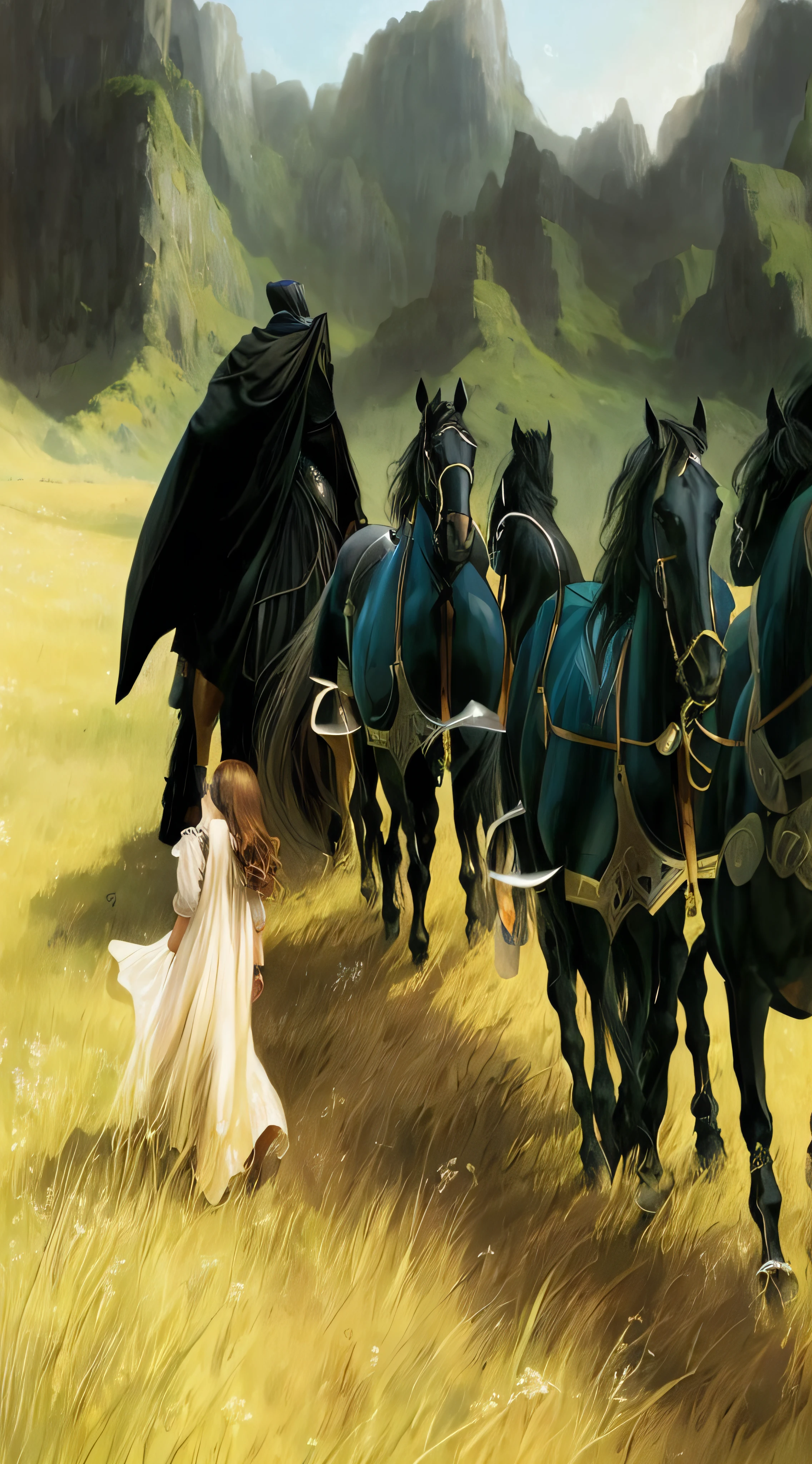 there is a woman walking in a field with horses and a carriage, by Krzysztof Boguszewski, beautiful fantasy painting, breathtaking fantasy art, fantasy!!!, very beautiful fantasy art, beautiful fantasy art, realistic fantasy painting, amazing fantasy art, epic fantasy novel cover art, high quality fantasy art, fantasy painting hd, by Carlos Berlanga