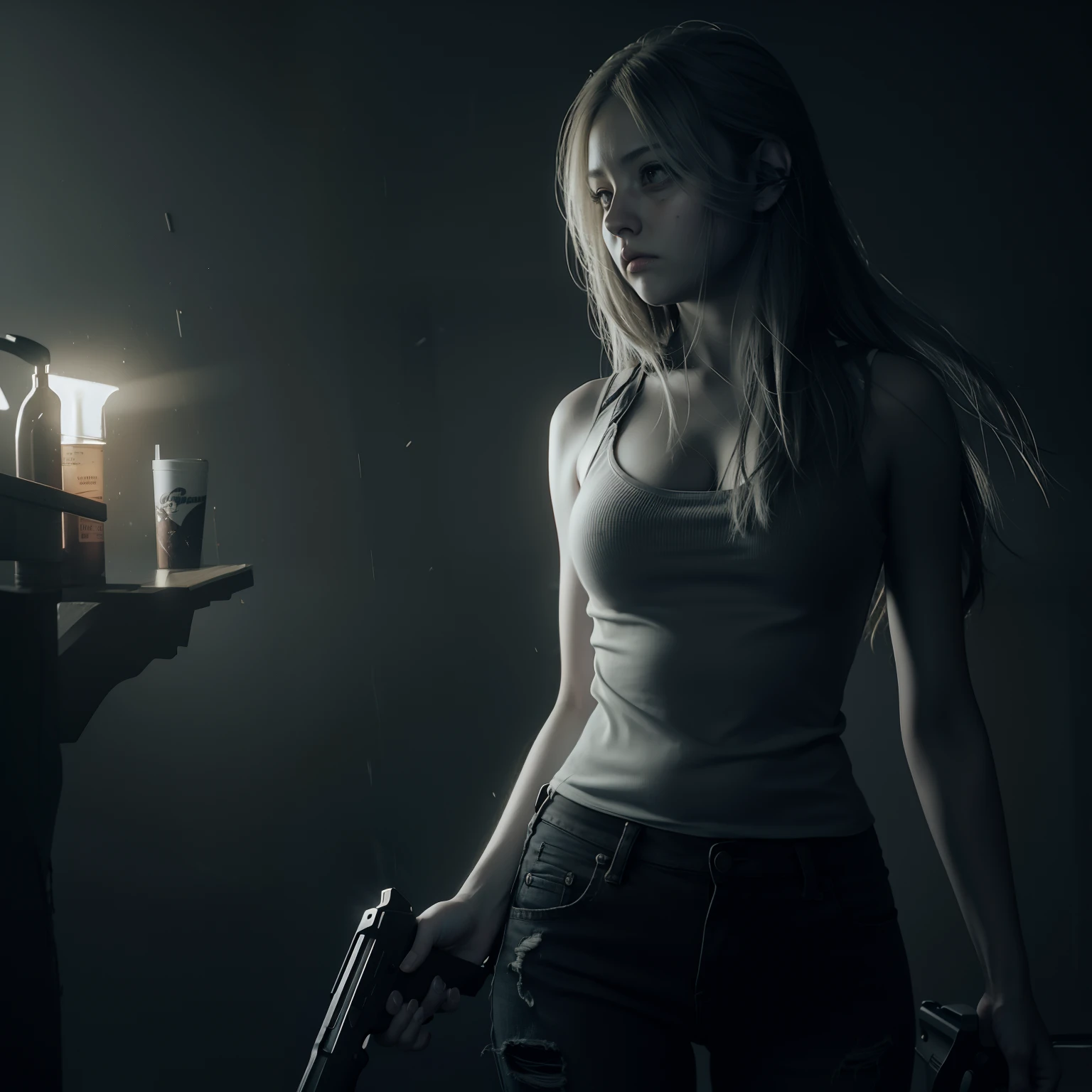 Best quality, woman, Chubby cheeks, long blonde hair, white tanktop dirty, brown tight Jeans, holding a gun, glare expression, by unreal engine