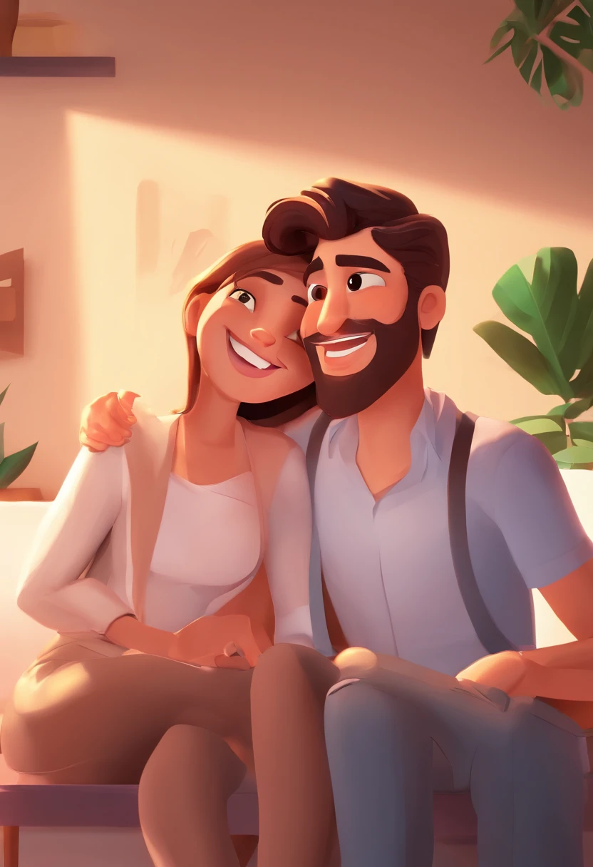 An illustration of an adorable couple, Destacando um homem branco e uma mulher negra cabelo liso, with beautiful expressive eyes – the man's skin is white and the man's hair is straight and black, while the woman's skin is black and the woman's hair is straight and brown. They are a bright room, cada um com um sorriso no rosto, e compartilhar um momento especial caracterizado pelo amor, Insights. Illustrate this scene from a perspective where they are facing the camera, Smiling and Showing Your Connection. Desenvolva esta arte em Full HD, Focus on your cinematic touch, Estilo Disney Pixar Animations