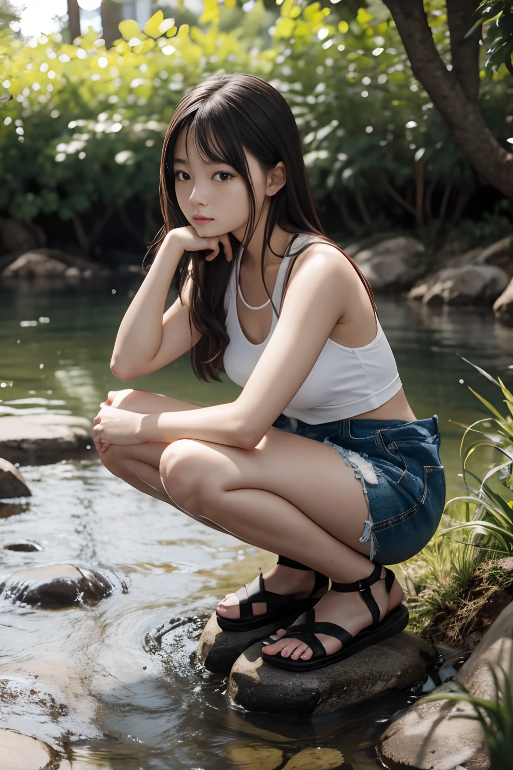 photo, 1girl, , peeing, Squatting, rivers, touching --auto