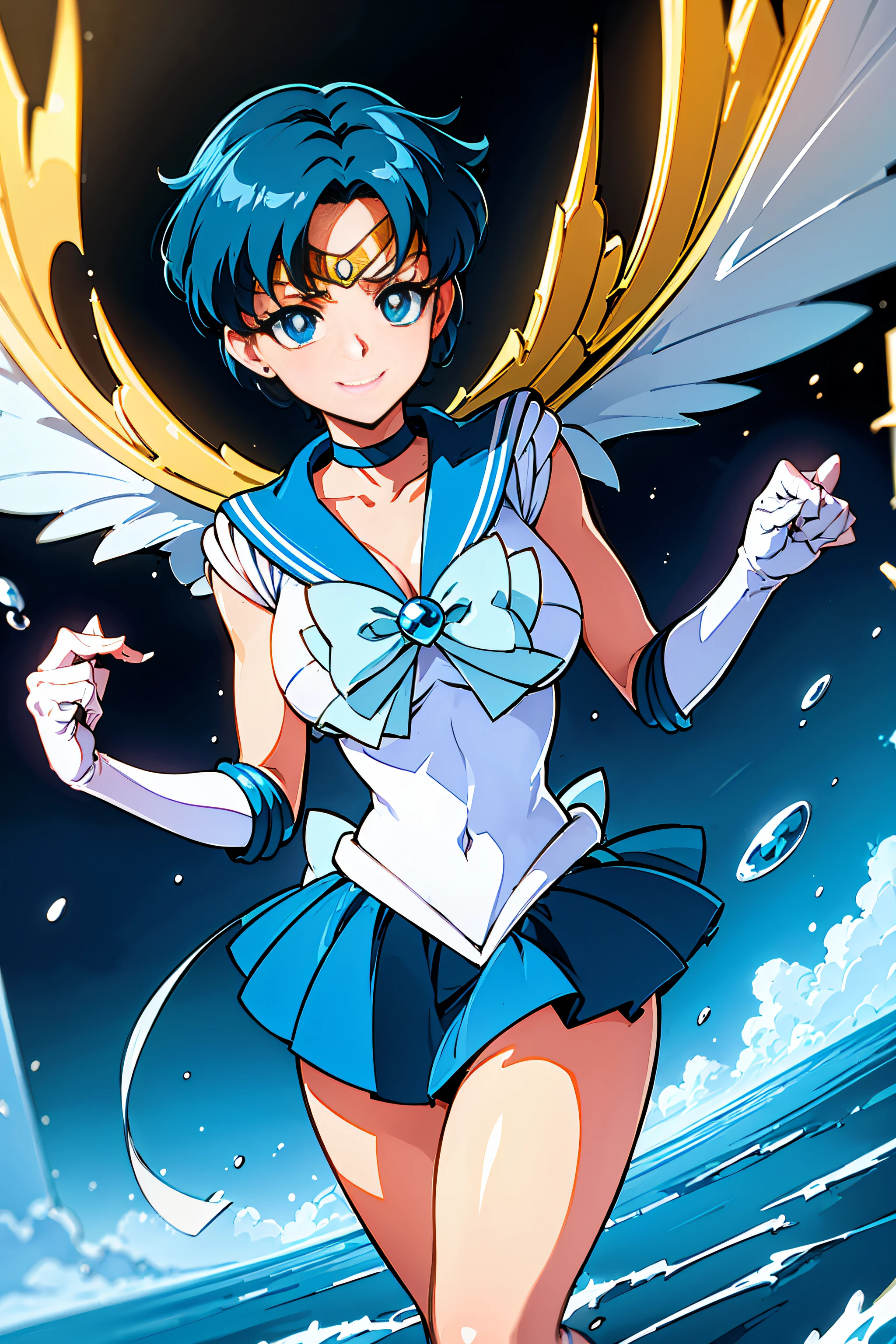 (top-quality:1.3), (​masterpiece:1.4),(Anatomically correct), (Full limbs),(complete fingers),(Precise fingertips), (Fine details),(8K),Photorealista,Sailor Moon!!!!!!!!, Sailor Moon Style,by Sailor Moon, Sailor Senshi Uniform,(Sailor Mercury:1.37),aqua eyes, Dark green hair,Blue choker,whitegloves,Blue boots, ful:1.3,stands,​masterpiece,。.3D,realisitic,Ultra Micro Photography,Ultra Detailed CG Unity ,frombelow,(1 female),20yr old,(Mer1, tiarra, Sailor Senshi Uniform,white glove,Blue sailor color,a blue skirt,Sailor Senshi Uniform:1.2,Sailor Mercury:1.2,meishaonv),shorth hair,short blue hair:1.2,Sailor Senshi uniform revealed,Shiny blue color sexy pleated mini skirt:1.3,(very large blue-colored bow in the center of the chest,,:1.4,Golden tiara on the forehead:1.5,Blue gloves on the elbows:1.1,Bare upper arms:1.1,Long knee high boots in shiny blue enamel、Luxurious gold decoration:1.3,Saturated wide blue color, Saturated Blue Sailor Color,Long white latex gloves with luxurious gold décor:1.3,very large blue bow behind the waist,,:1.1,Cleavage looks sexily boldly big,Blue star-shaped earrings)),partedbangs,((seducting smile,Very pretty face,Details of face:1.5,Bright blue eyes,美丽的面容,beautidful eyes,shinny eyes,thin lipss:1.3,thin and sharp pale eyebrows,,long dark eyelashes,Double eyelashes)),Luxurious Golden Jewelry,(Very thin and fitting high gloss white holographic leather:1.3),Bold and sexy slender high leg gravette swimsuit,(battle posture), Huge white wings,thin and muscular muscles,Muscular abs,a small face,huge-breasted,perfectly proportions,big breasts thin waist,SEXY Model Pose,Visible Pore,perfect hand:1.5,octane renderings,highly dramatic picture,Strong natural light,sunlights,exquisite lighting and shadow,dynamic ungle,DSLR Harp,Focus:1.0,Maximum clarity and sharpness,(The divinity of water,Splattering on the background of the space,Dynamic water background,Waterman: 1.2,Eau,polka dots,Water hair,Dynamic Frames,mercury,rays of moonlight,a moon,Dynamic backgrounds,Background of details)),(​masterpiece), (top-quality), (hight resolution),(extremely clear), (Anatomically correct), (Full limbs),(complete fingers), (Fine details),(8K),(Best Quality), (awardwinning, Textured skin),(Super Detail),(90s Anime, 9 0 s anime, 9 0 s anime style,anime cels, cel shaded anime),