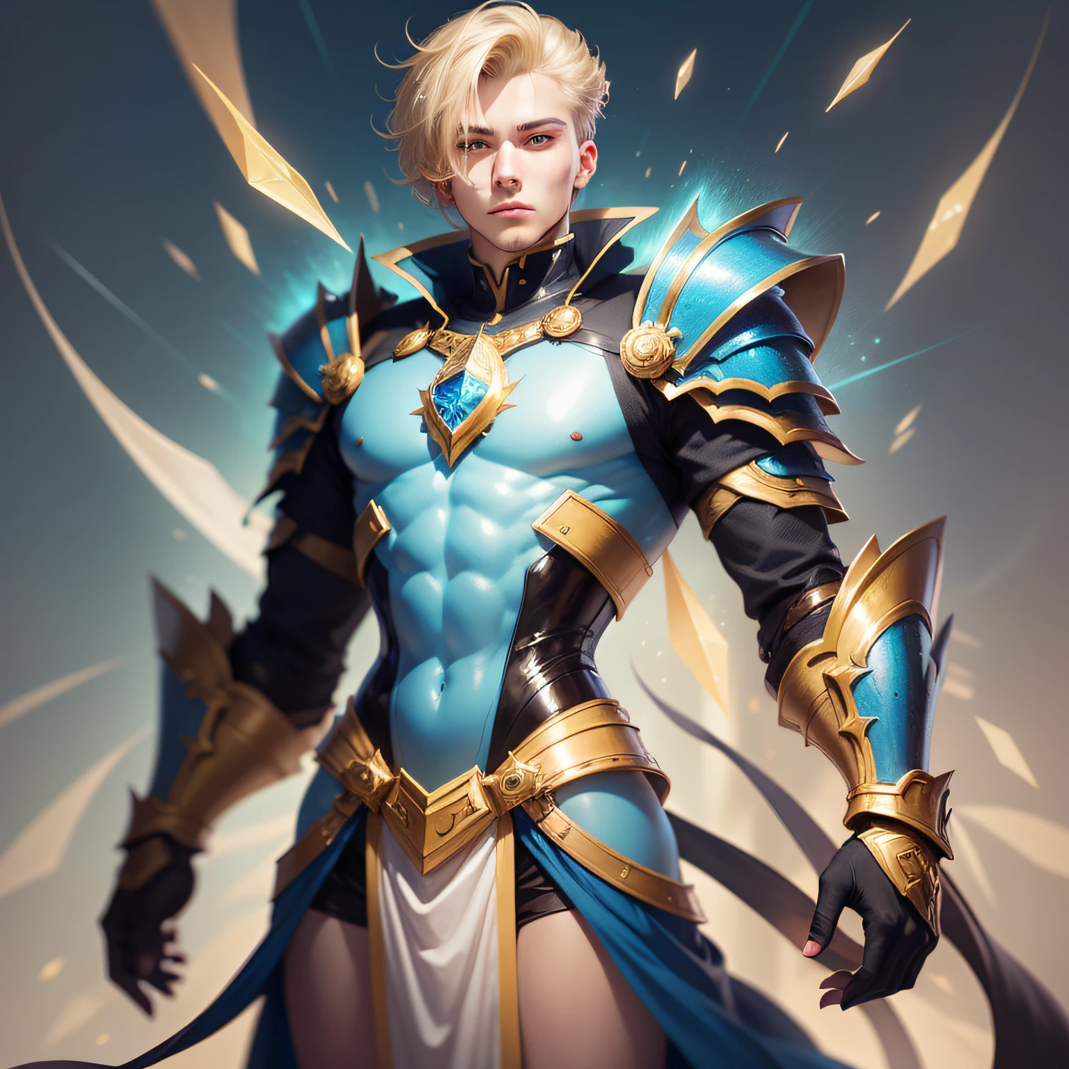 tall, Elegant young man in his 20s, Dressed in flashy blue and gold armor. With a long, angular face、Have blonde hair, Although he likes to dye it. His eyes are green like marbles, Eta、The ears are marked with blue gemstones.