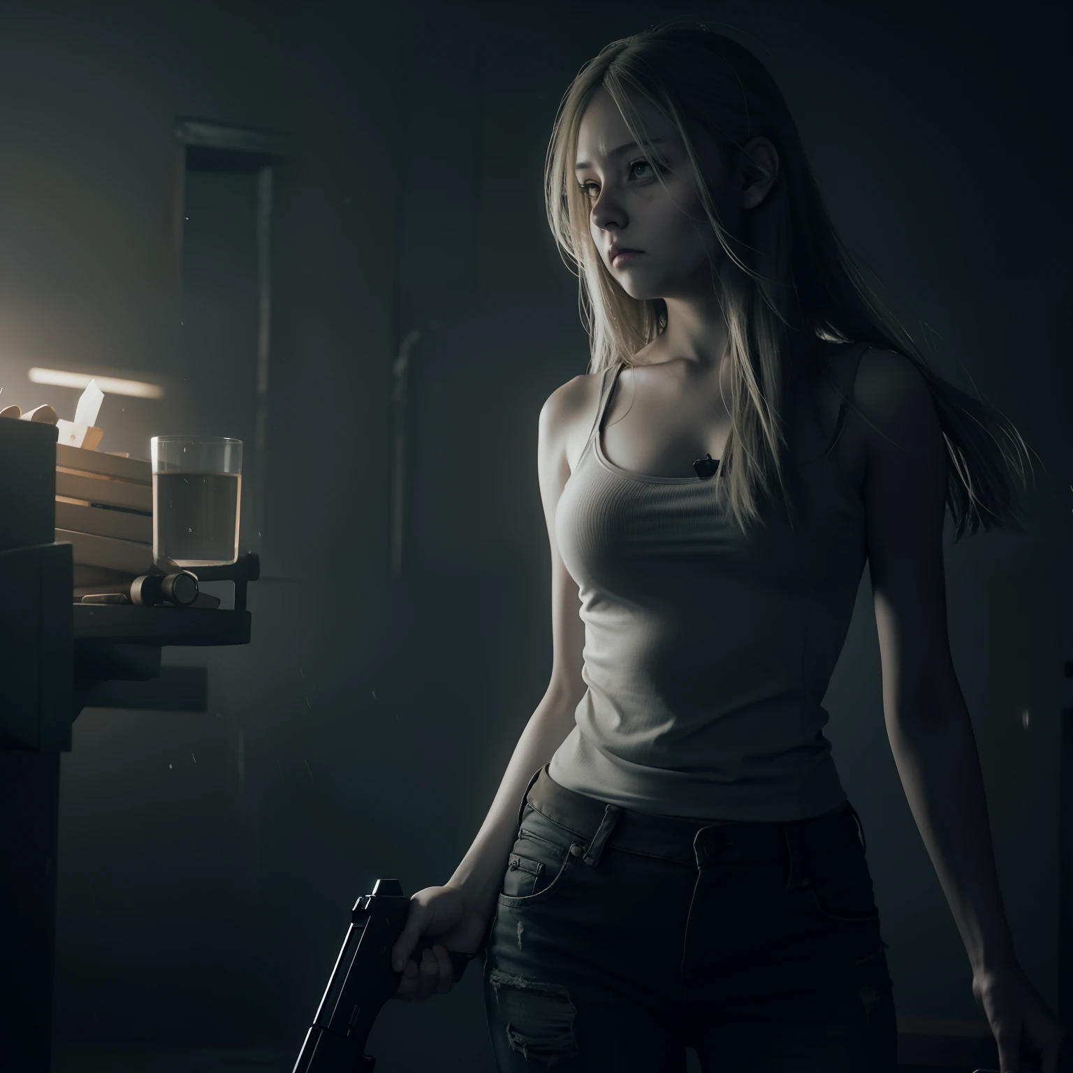 Best quality, woman, Chubby cheeks, long blonde hair, white tanktop dirty, brown tight Jeans, holding a gun, glare expression, by unreal engine