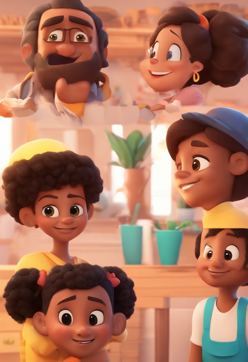 An illustration of an adorable couple, Highlighting a white man and a black woman with beautiful expressive eyes – the man's skin is white and the man's hair is straight and black, while the woman's skin is black and the woman's hair is straight and brown. They are a bright room, cada um com um sorriso no rosto, e compartilhar um momento especial caracterizado pelo amor, Insights. Illustrate this scene from a perspective where they are facing the camera, Smiling and Showing Your Connection. Desenvolva esta arte em Full HD, Focus on your cinematic touch, Estilo Disney Pixar Animations