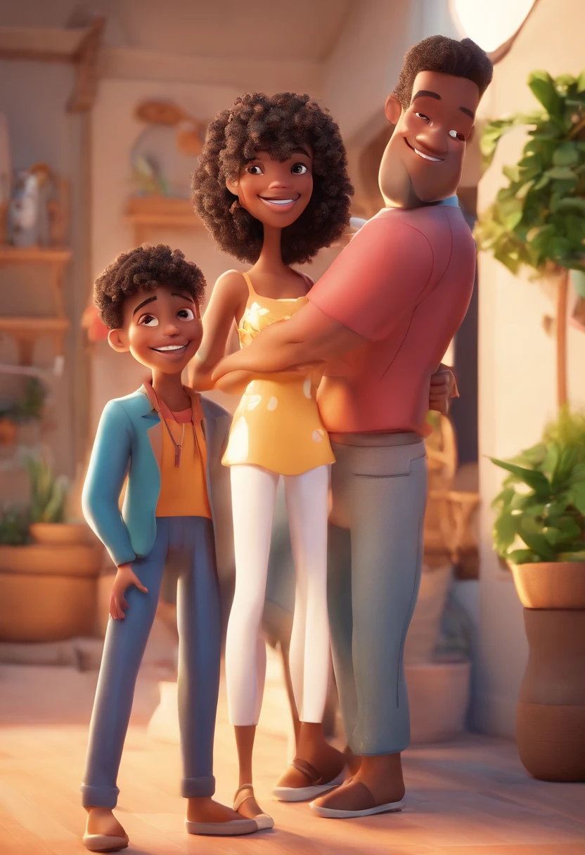 An illustration of an adorable couple, Highlighting a white man and a black woman with beautiful expressive eyes – the man's skin is white and the man's hair is straight and black, while the woman's skin is black and the woman's hair is straight and brown. They are a bright room, cada um com um sorriso no rosto, e compartilhar um momento especial caracterizado pelo amor, Insights. Illustrate this scene from a perspective where they are facing the camera, Smiling and Showing Your Connection. Desenvolva esta arte em Full HD, Focus on your cinematic touch, Estilo Disney Pixar Animations