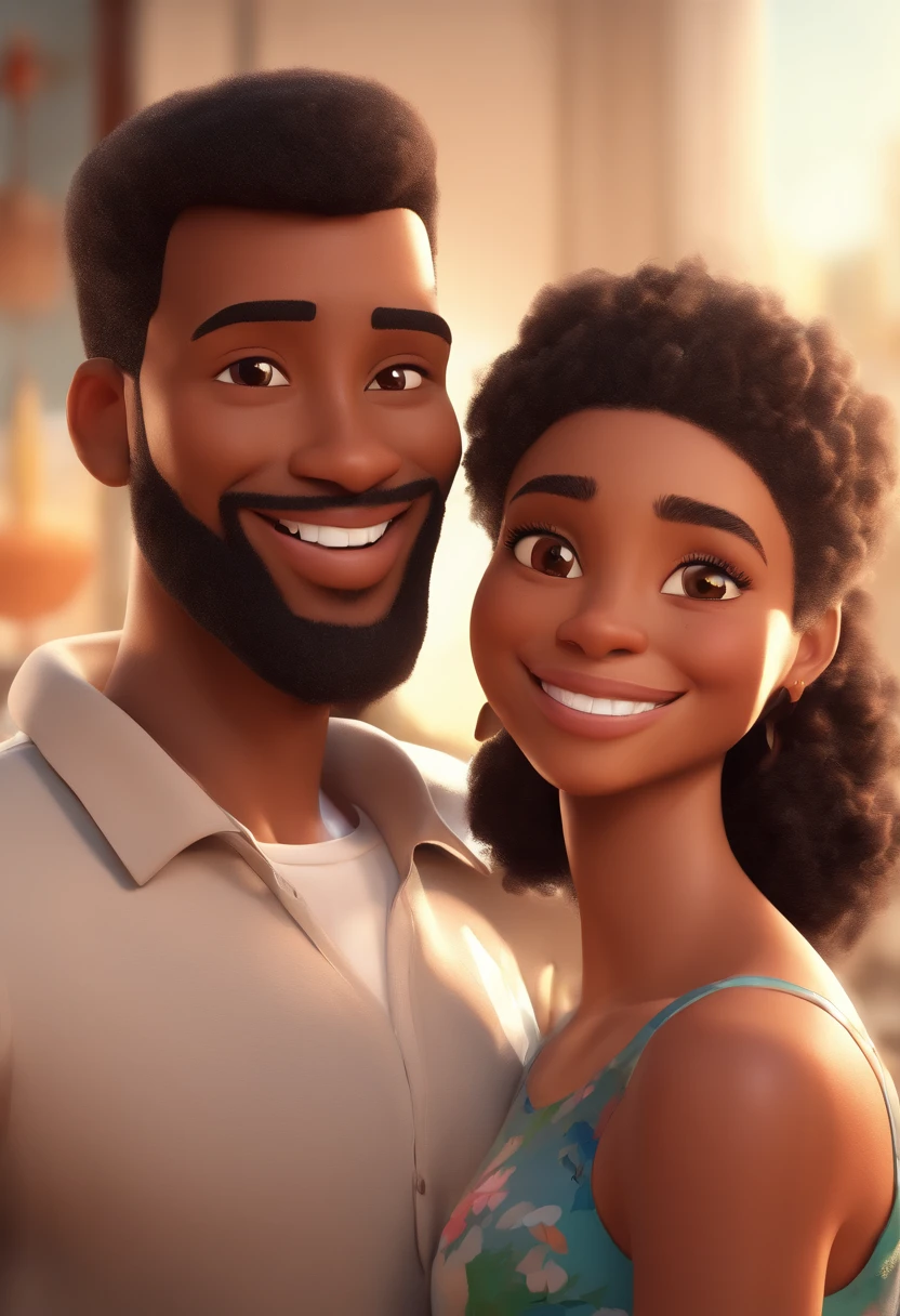 An illustration of an adorable couple, Highlighting a white man and a black woman with beautiful expressive eyes – the man's skin is white and the man's hair is straight and black, while the woman's skin is black and the woman's hair is straight and brown. They are a bright room, cada um com um sorriso no rosto, e compartilhar um momento especial caracterizado pelo amor, Insights. Illustrate this scene from a perspective where they are facing the camera, Smiling and Showing Your Connection. Desenvolva esta arte em Full HD, Focus on your cinematic touch, Estilo Disney Pixar Animations
