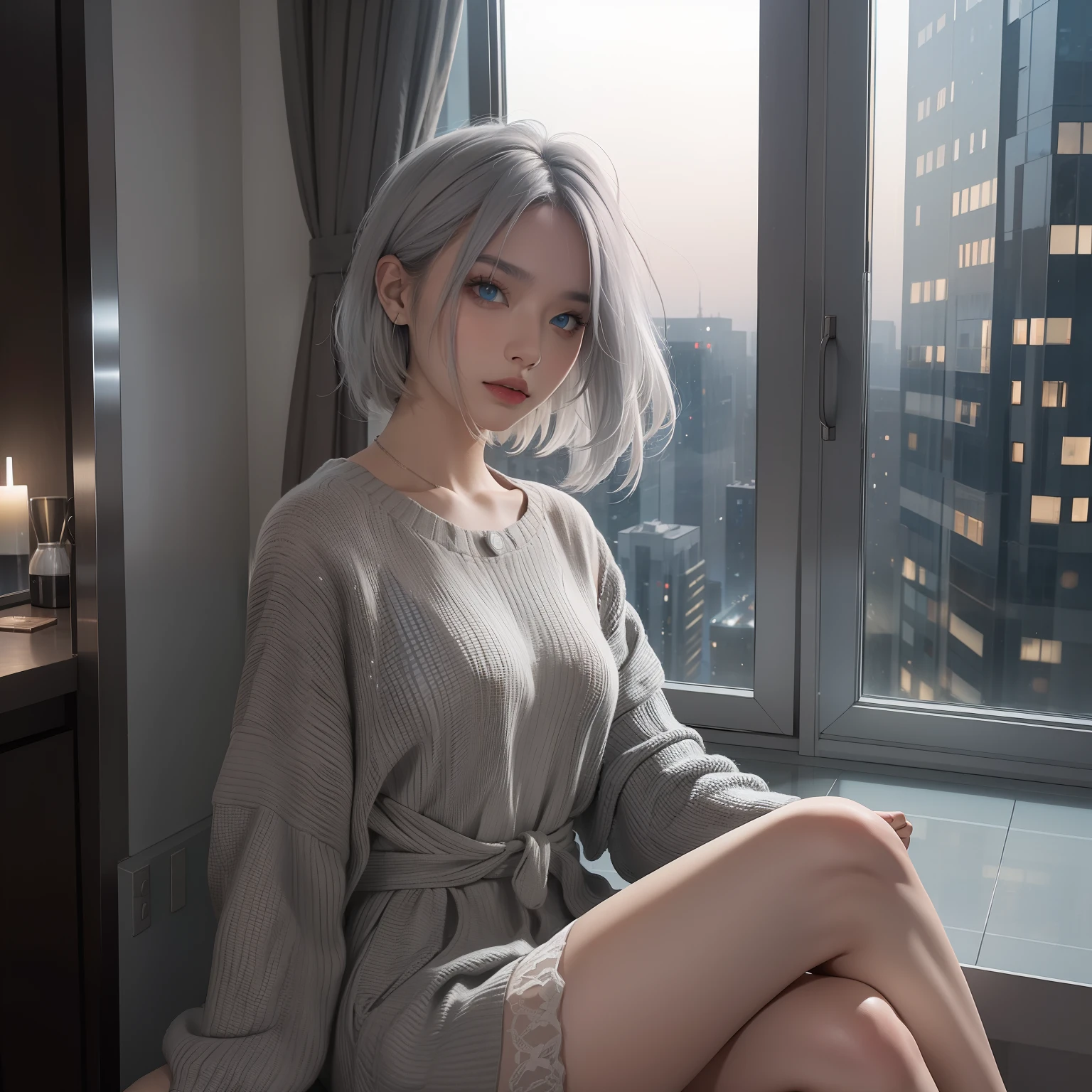 (Masterpiece), Best quality, Cyan eyes, light grey hair, Expressive eyes, Hohaya, Sitting in an apartment room on a high floor, Night sky, City landscape, view the viewer, City lights, window, Highlight, dramatic lights, Calm face,