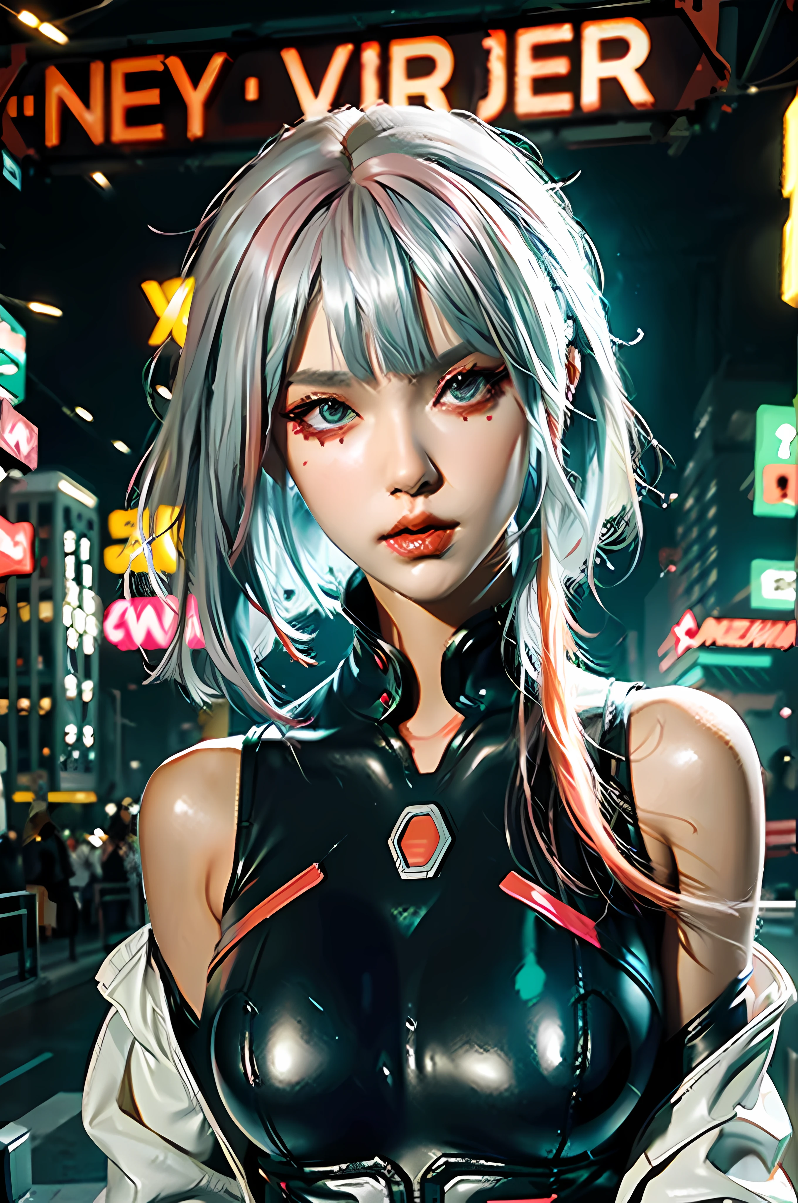 high quality, lucy_cyberpunk, 1 sweet girl,white short hair, bangs, ((red eyeliner)), ((makeup)),red lips, white off-shouler jacket, black bodysuit, bare shoulders, white shorts,  hip vent, (dynamic pose), looking at viewer, upper body,fantasy ,cityscape, neon lights, neon trim, ((cyberpunk)), close up portrait