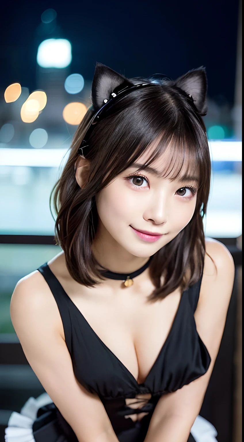 masterpiece, best quality, ultra high res,(photo realistic:1.4) (depth of field),(Lens Glow) ,Sony α7, 35mm, f1.8, (((1girl, 12yo, solo),action:1.5, high detailed eyes, high detailed skin, dynamic angle)), (portrait of japanese famous actress),(((girl in tight black cat-themed costume, smile, bob_cut, cat_like_eyes, simple face ,night setting, phantom thief ambiance, cool yet cute, vibrant, pop-art colors, neon lights reflecting on her silhouette, rooftops of the city behind, moonlight shining down, playful smirk as she’s about to embark on a heist, bright cityscape as contrast, beautiful pussyline, beautiful thigh, natural makeup:1.5,)))