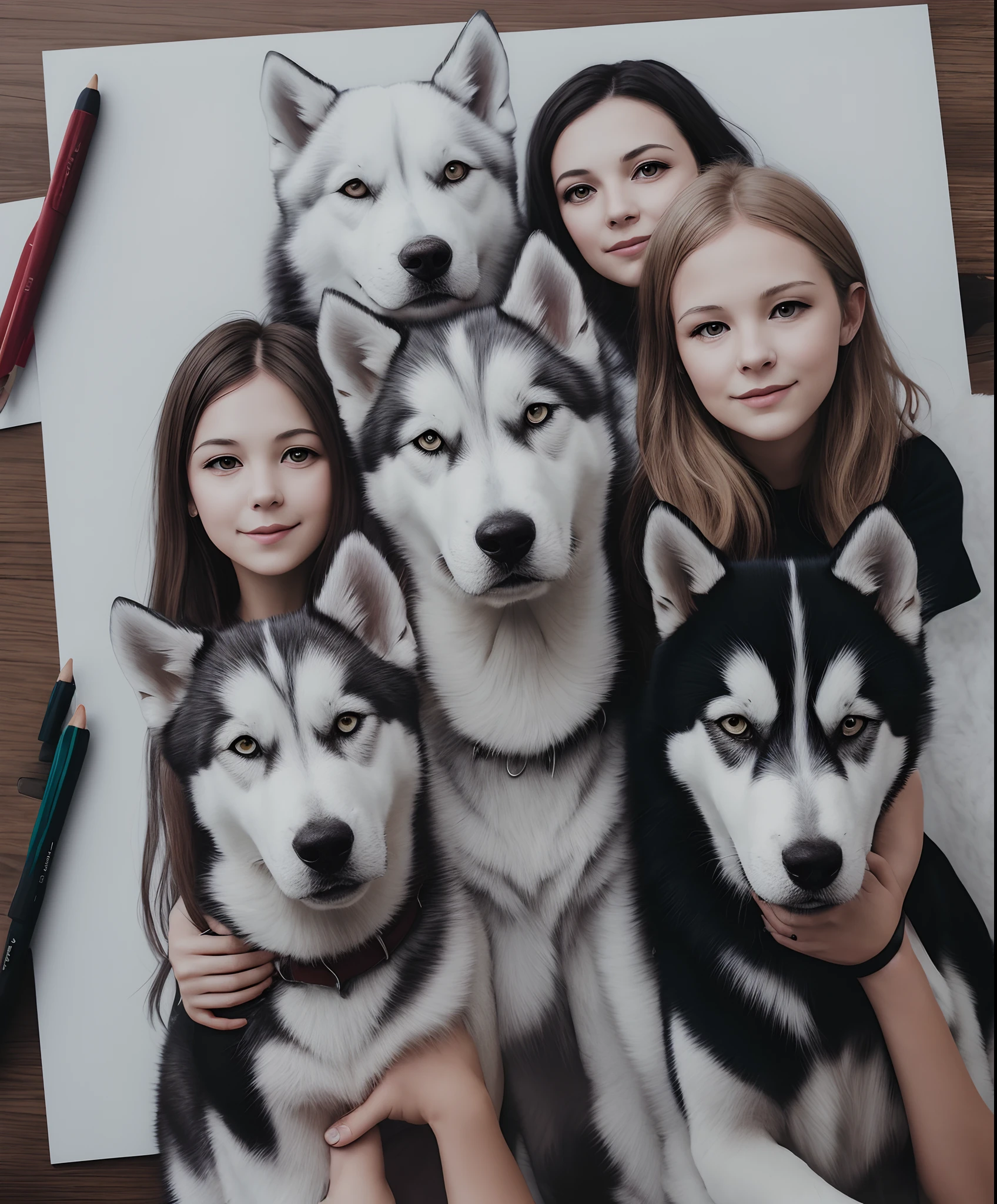 draw a family portrait with 3 people and a white husky in the center
