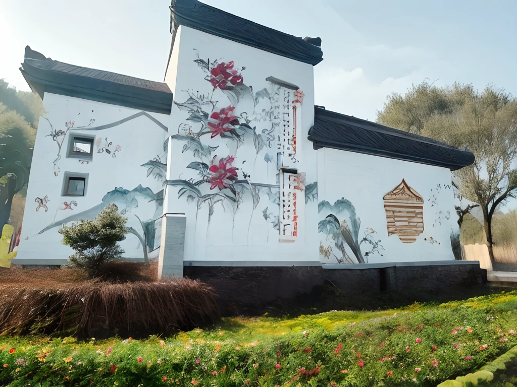 There is a building,There is a mural next to it, inspired by Zhang Shunzi, inspired by Hu Jieqing, inspired by Wang Guxiang, with ancient chinese aesthetic, inspired by Zhang Zongcang, inspired by Huang Binhong, museum ink painting, painted on a giant wall, Chinese architecture, inspired by Huang Tingjian