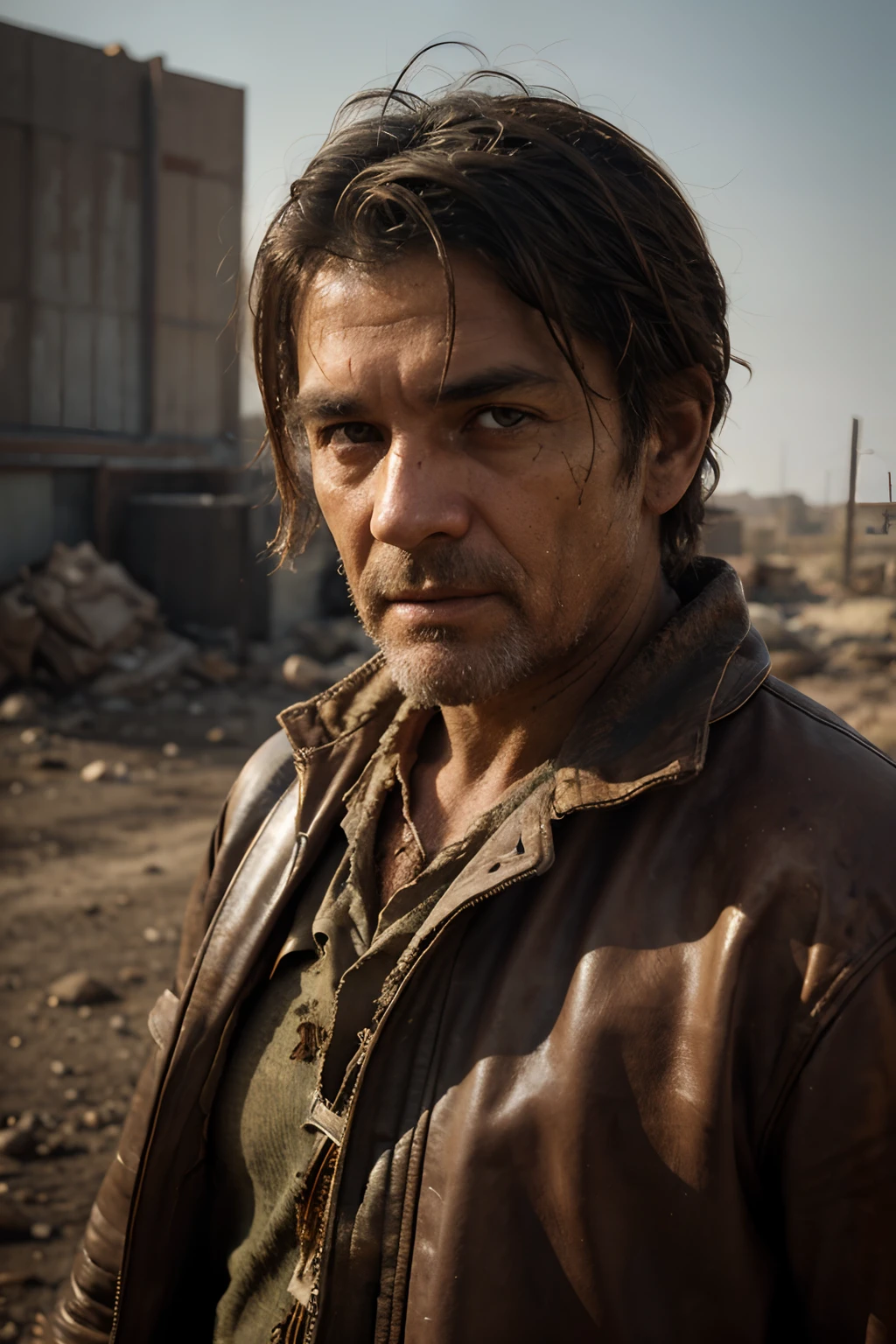 Image format: RAW photo
Setting or theme: Post-apocalyptic
Subject and framing: Close-up portrait photo of an older man
Attire description: Tattered dirty clothes
Physical description: Leathery skin, rugged
Emotive detail: Eyes that have seen too much
Characterization: Battle-worn
Backdrop description: Fiery desert landscape
Environmental detail: Dust storms
Environmental detail: Blazing sun
Visual detail: Intense color
Image clarity specification: High detailed skin: 1.35
Resolution detail: 8k UHD
Camera type: DSLR
Lighting setup: Soft lighting
Image quality specification: High quality
Image effect: Film grain
Specific camera model: Fujifilm XT3
Visual atmosphere: Industrial charm
Emotional depth: Resilient spirit
Physical presence: Weathered resilience
Environmental intensity: Arid ruggedness
Color vibrancy: Intense warmth
Detail precision: Nuanced texture
Lighting ambiance: Dramatic contrast