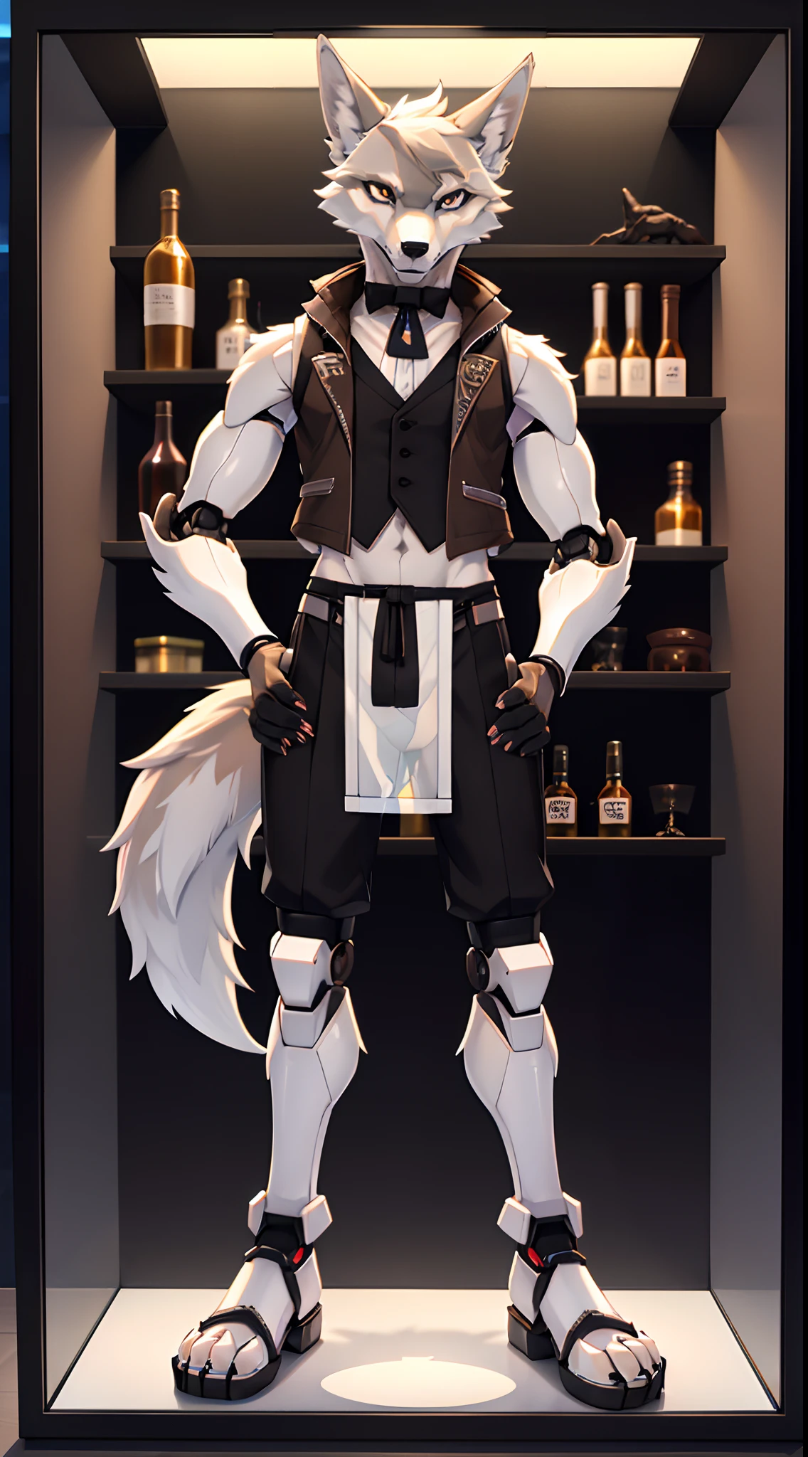 Male robotic wolf,Brown back,white sleeveless vest,transparent panty,White sandals,Claw feet,cranny,In the display case,Stand in a plastic box,black detailed eyes,captivating posture,Handsome,lifelike skin,Slim,