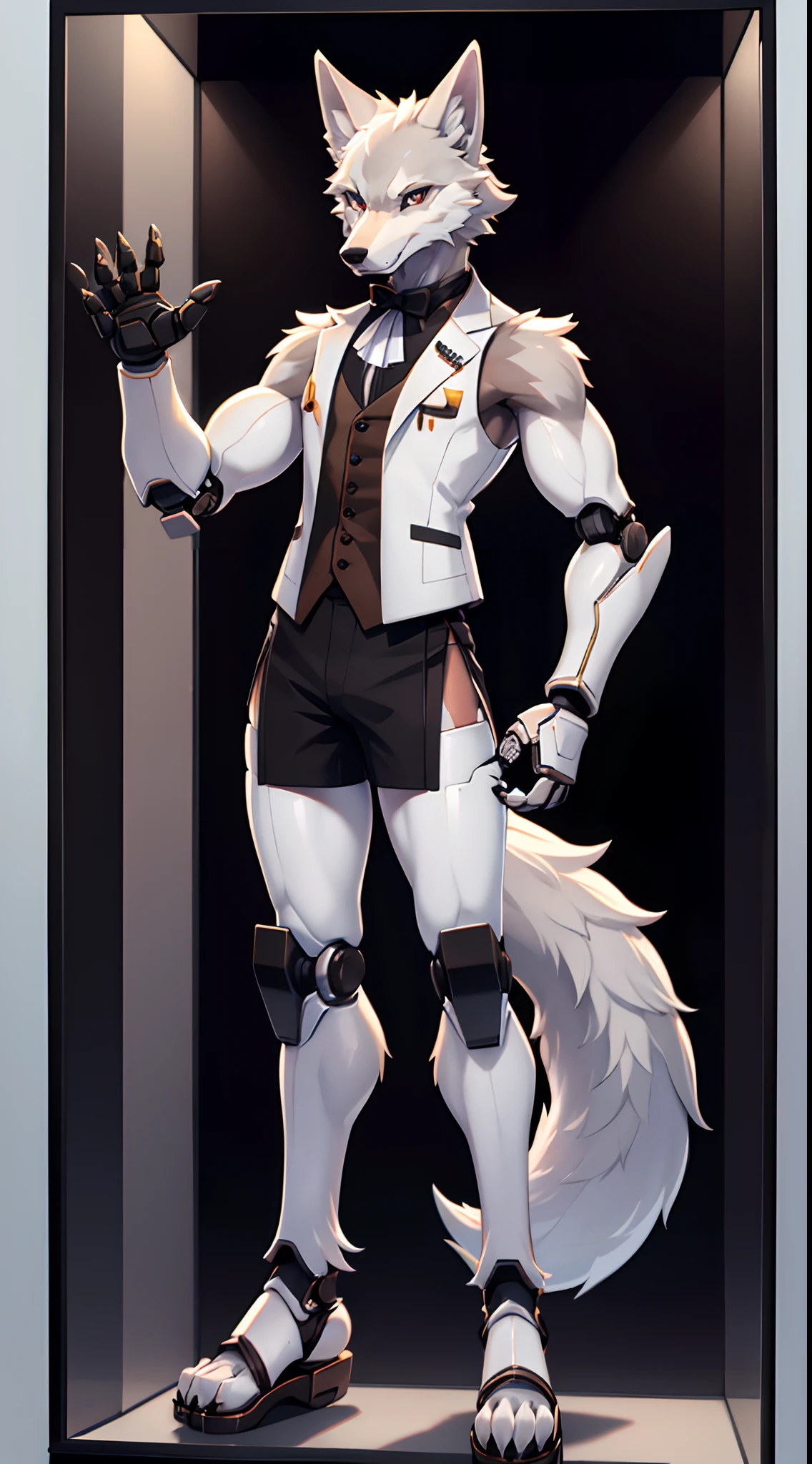 Male robotic wolf，Brown back，white sleeveless vest，transparent panty，White sandals，Claw feet，cranny，In the display case，Stand in a plastic box，black detailed eyes，captivating posture，Handsome，lifelike skin，Slim，