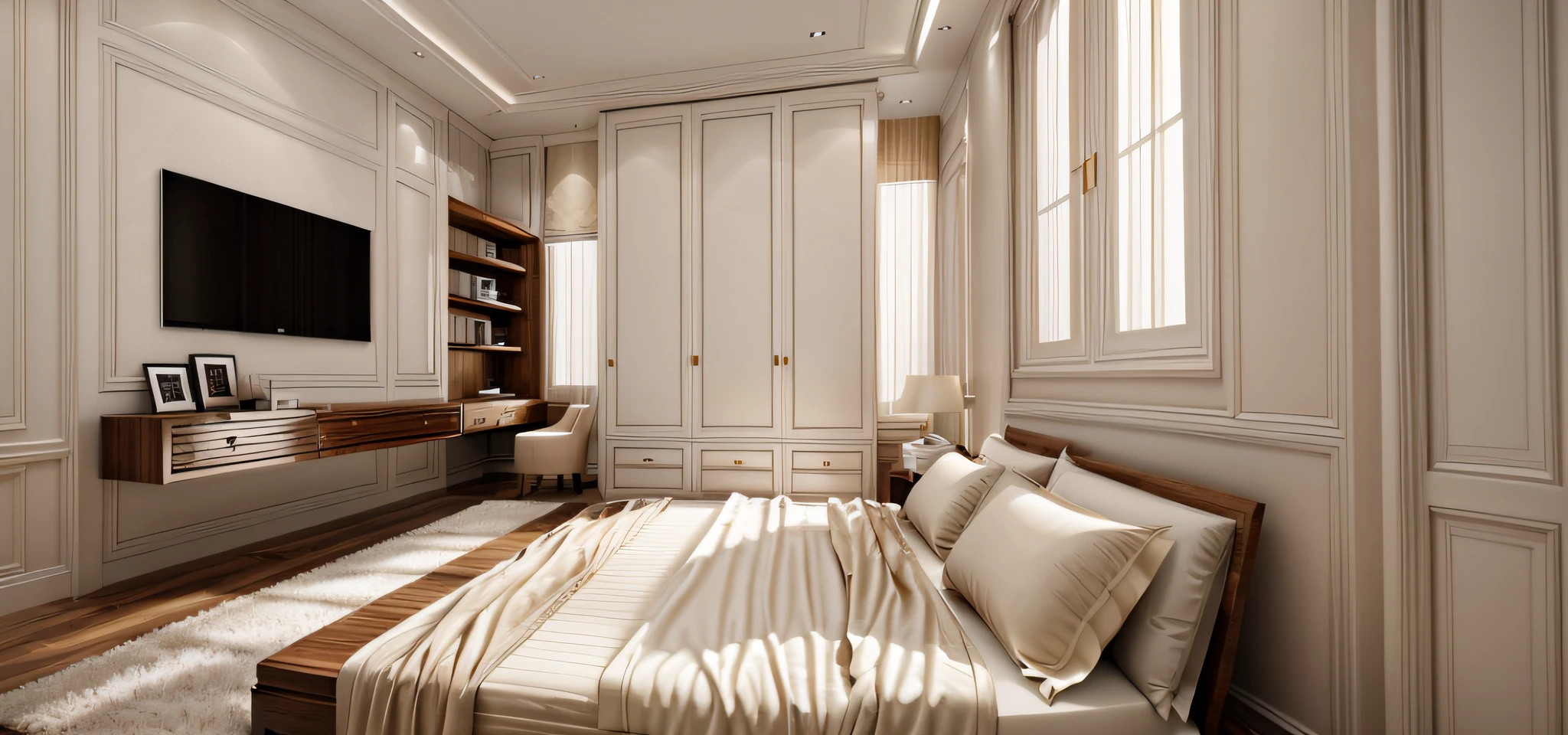 Create a neoclassical style bedroom with a brown wooden floor, cream-colored curtains, a white door, and super sharp photos that exude elegance