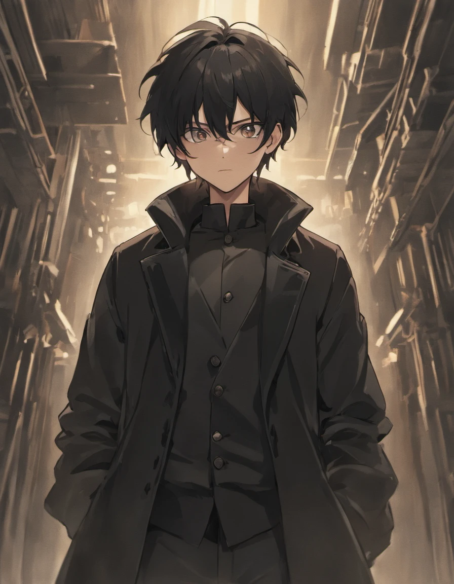 Black hair, black eyes, black pants, black coat, surrounded by black air, middle-aged man, indifferent